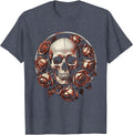 Grunge Skull Wilting Black Roses Dark Art Design T-Shirt - Heather Blue