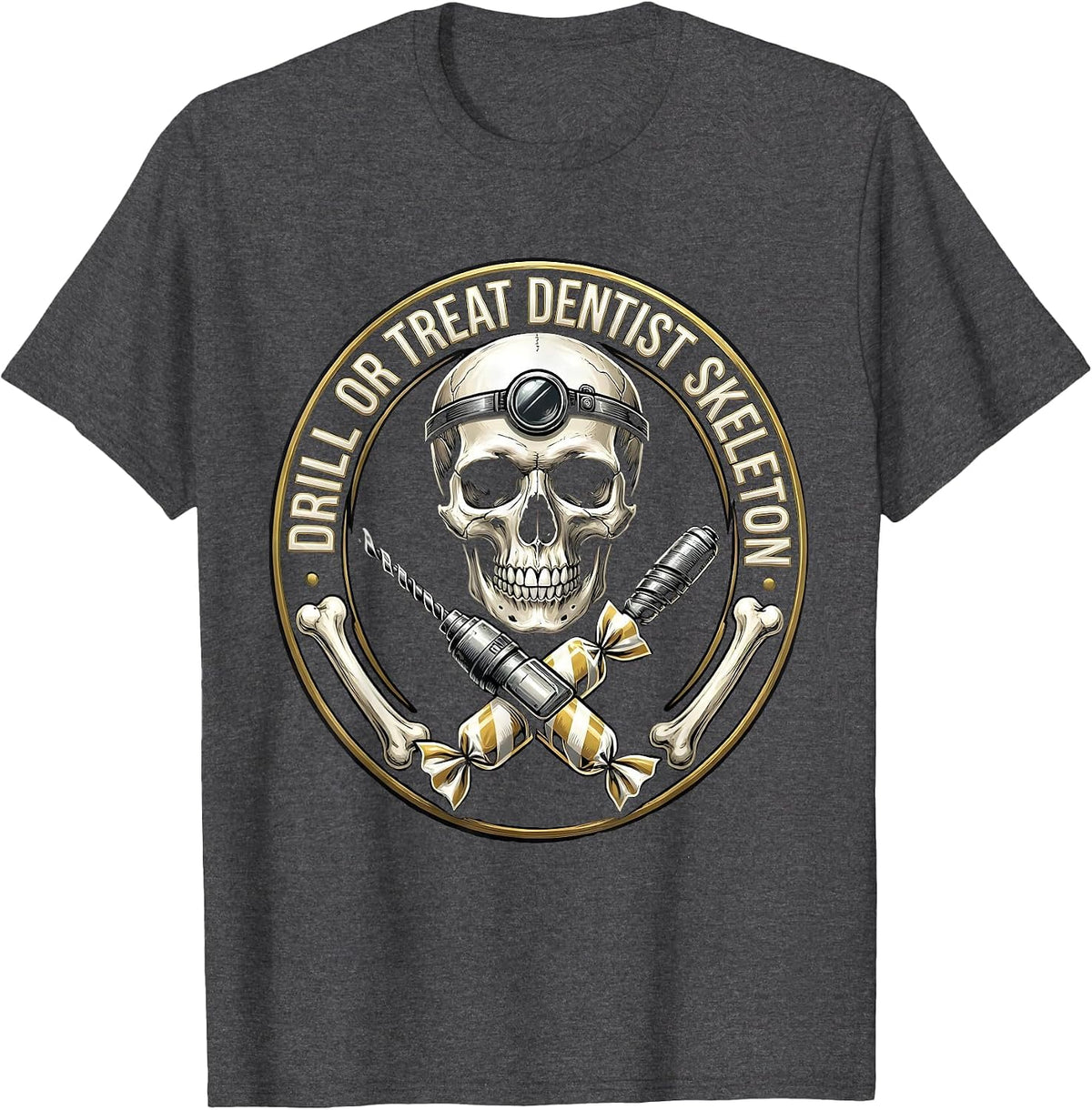 Men's Drill or Treat Halloween Dentist Skeleton Design T-Shirt - Dark Heather Grey