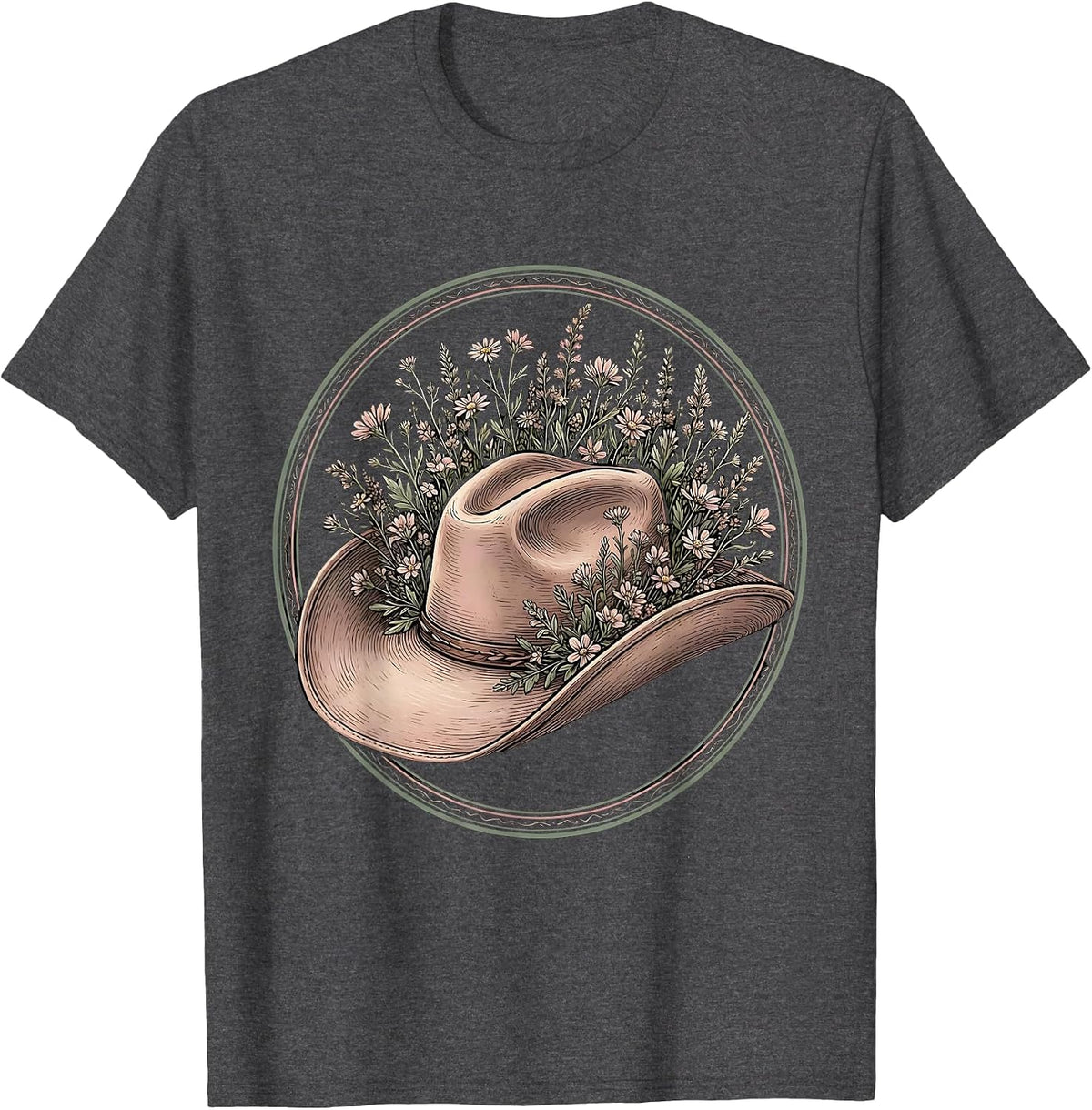 Cowgirl Hat Wildflowers Rodeo Illustration T-Shirt - Dark Heather Grey