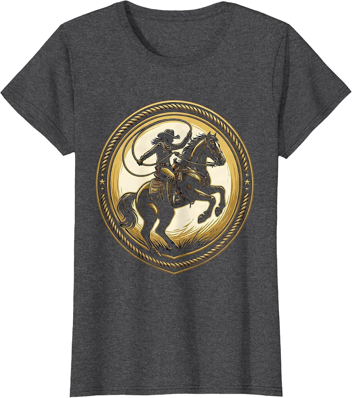 Women's Cowgirl Rope Trick Horseback Western Rodeo Art T-Shirt - Dark Heather Grey
