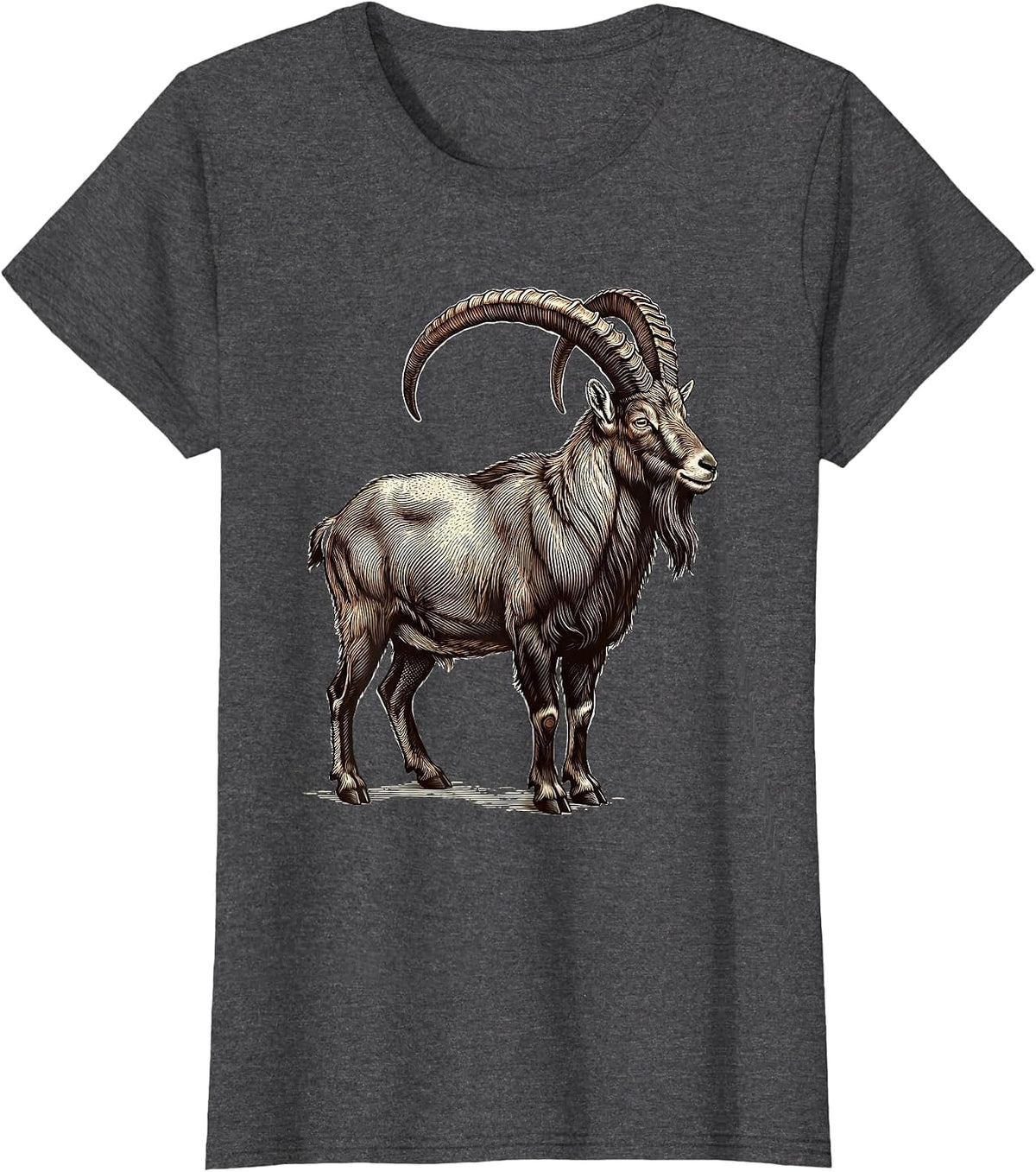 Women's Mountain Goat Crosshatch Etching Minimalist Line Art T-Shirt - Dark Heather Grey