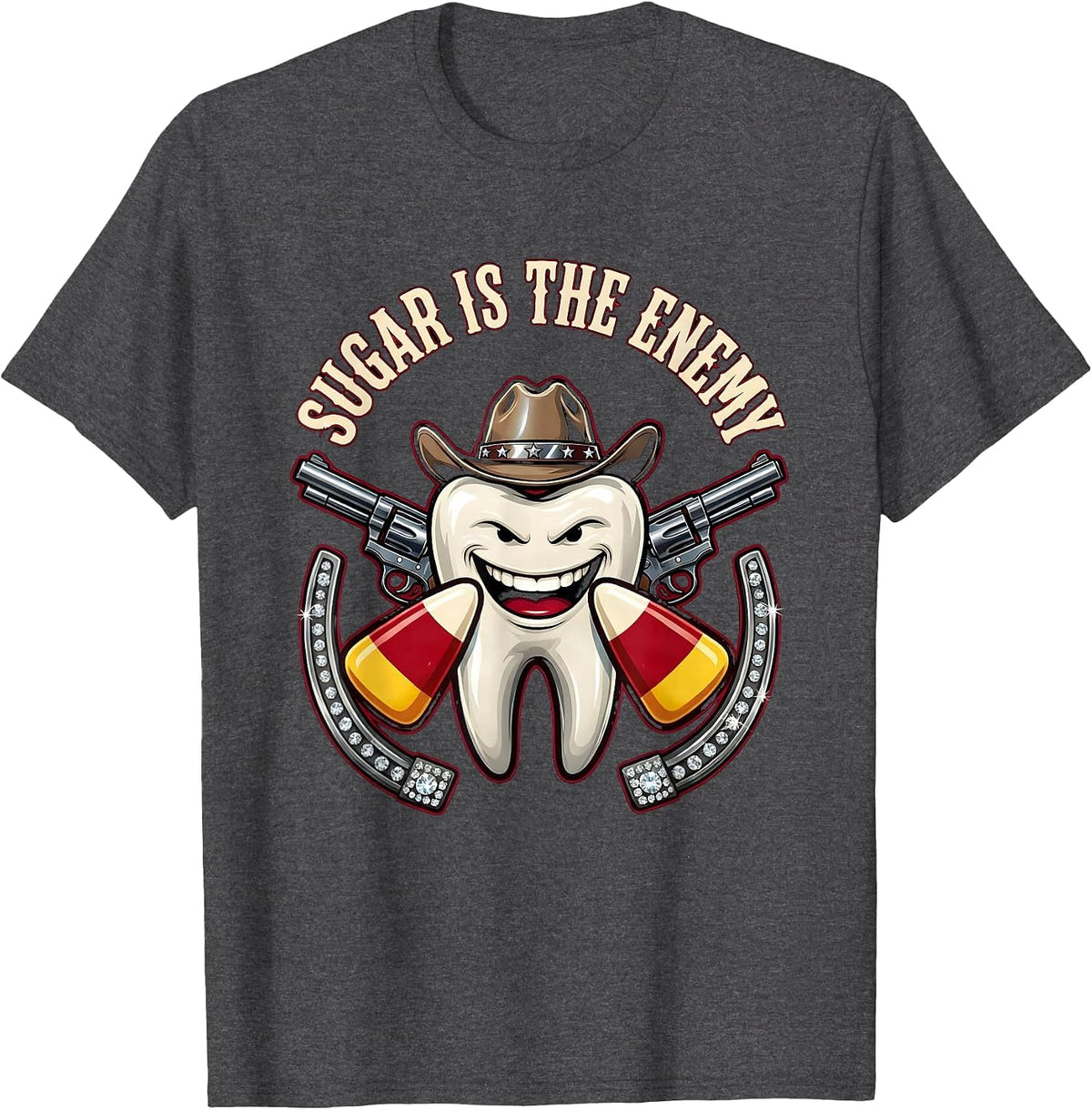 Men's Sugar Is The Enemy Dental Halloween Design T-Shirt - Dark Heather Grey