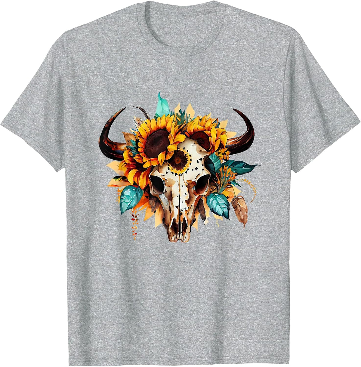 Boho Cow Skull Sunflower Vintage Western Aztec Cute Cowskull T-Shirt - Heather Grey