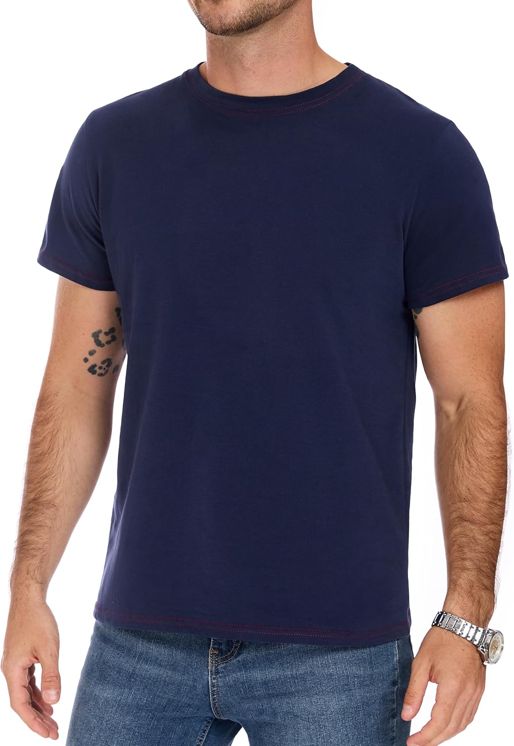 Mens Cotton Short Sleeve Crewneck T-Shirt Gym Workout Athletic Tee Shirt Top - Navy Blue