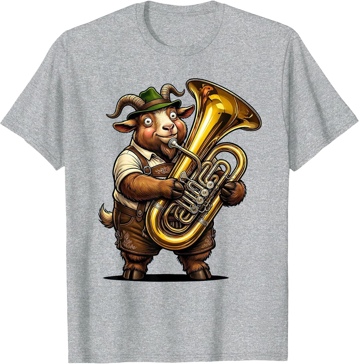 Men's Funny Oktoberfest Goat in Lederhosen Playing Tuba T-Shirt - Heather Grey