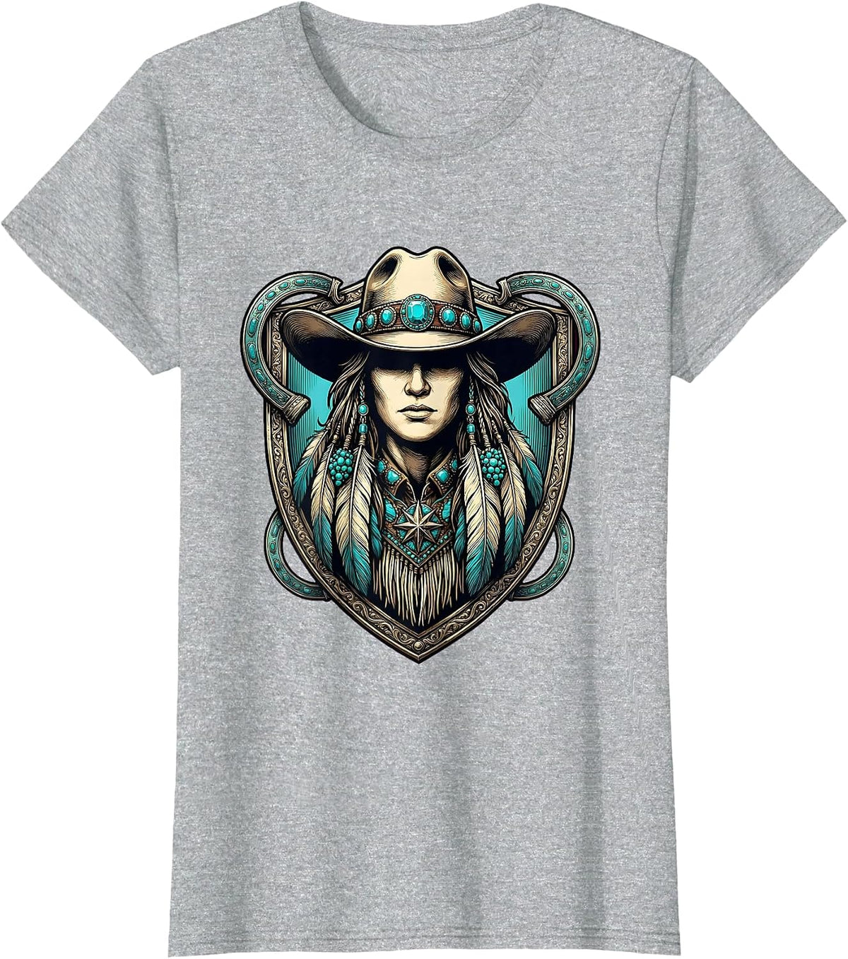 Cowgirl Turquoise Jewelry and Fringe Illustration T-Shirt - Heather Grey