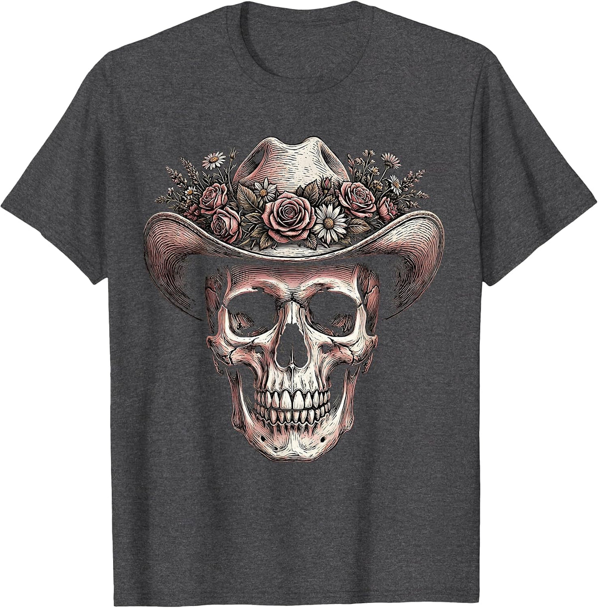 Cowgirl Skull Floral Crown Western Art Design T-Shirt - Dark Heather Grey