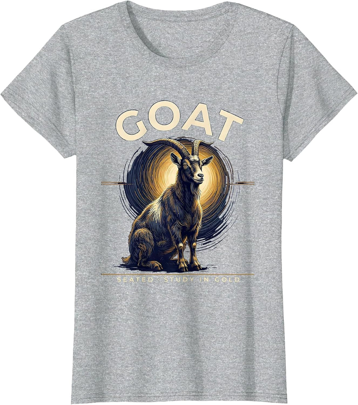 Women's Goat Seated Study In Gold Van Gogh Starry Night Animal T-Shirt - Heather Grey