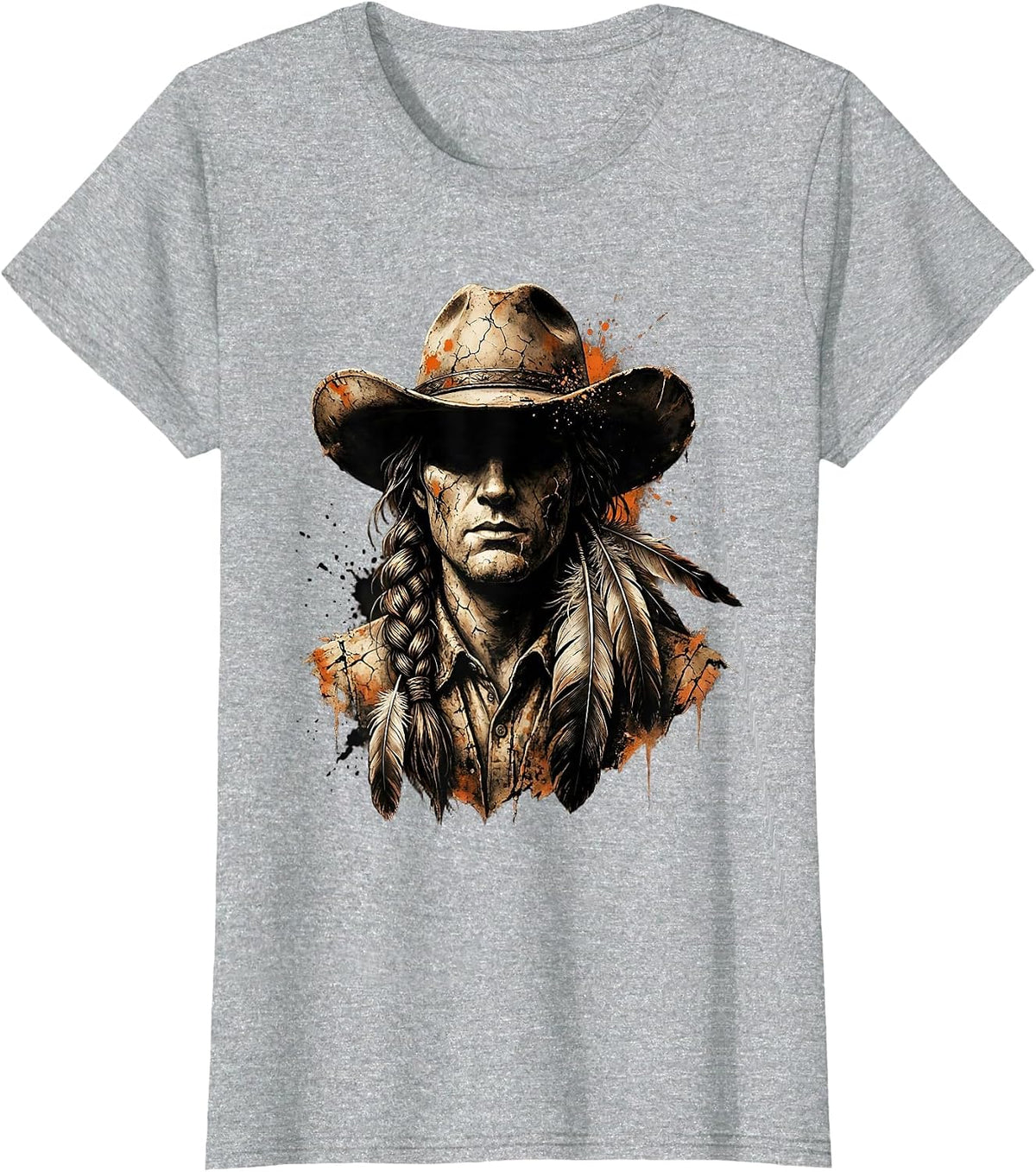 Cowgirl Braided Hair Feathers Western Illustration T-Shirt - Heather Grey