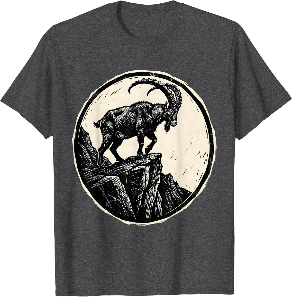 Mountain Goat Sheer Cliff Edge Wildlife Illustration T-Shirt - Dark Heather Grey