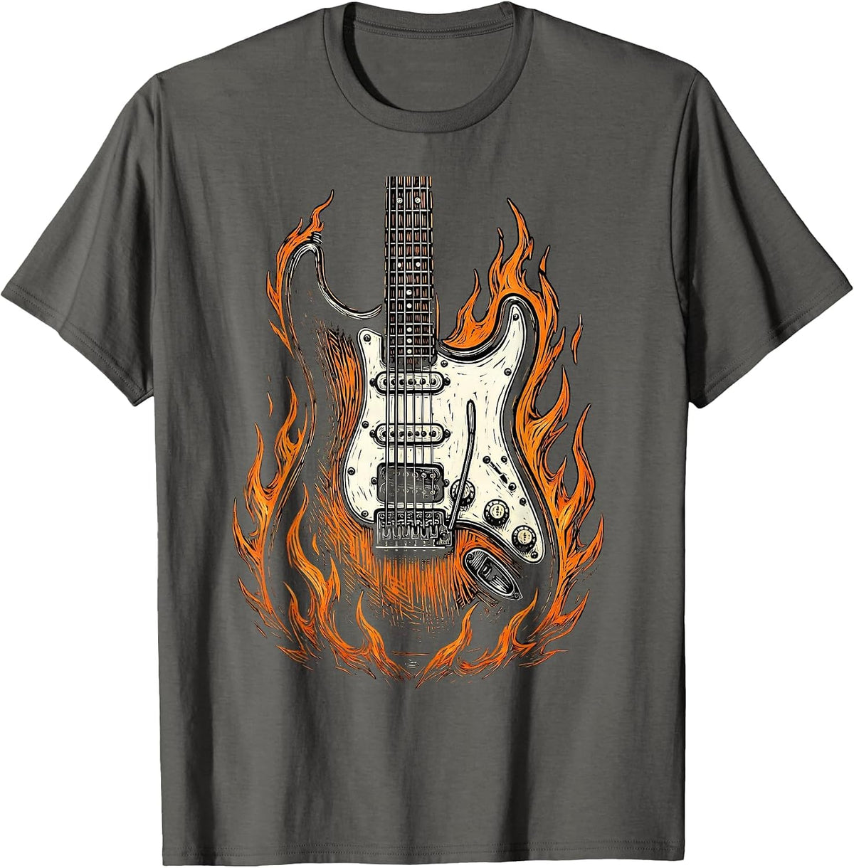 Flaming Electric Guitar Rock Music Graphic T-Shirt - Asphalt Grey