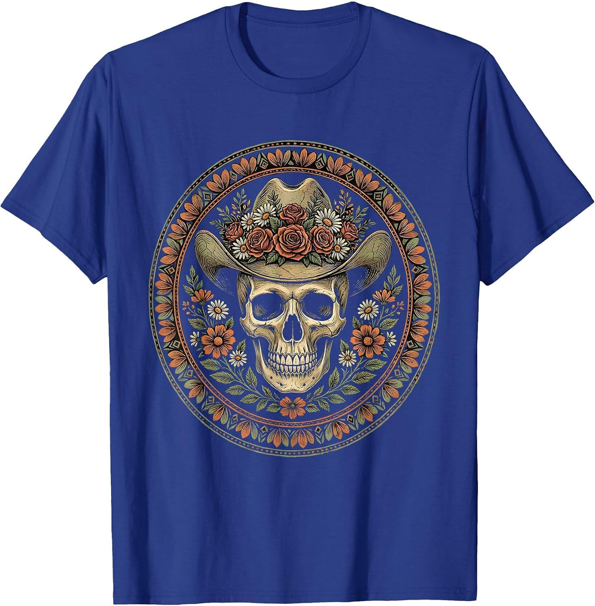 Men's Floral Cowboy Hat Skull Western Boho Art T-Shirt - Royal Blue