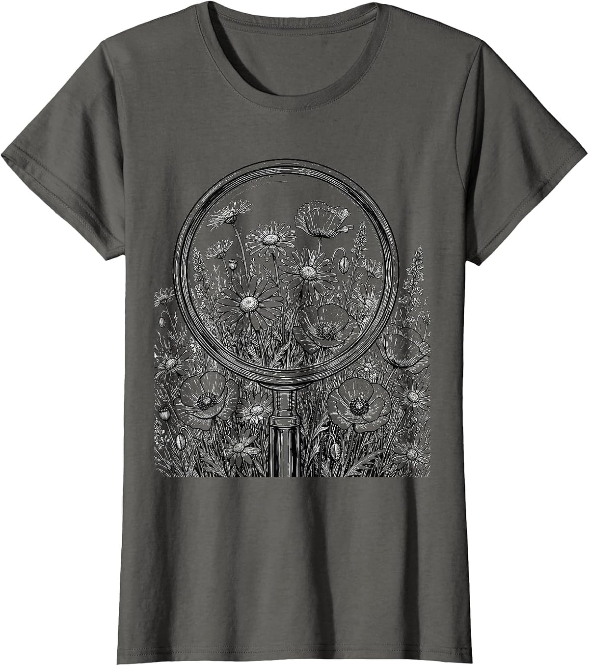 Women's School Counselor Wildflower Magnifying Glass T-Shirt - Asphalt Grey