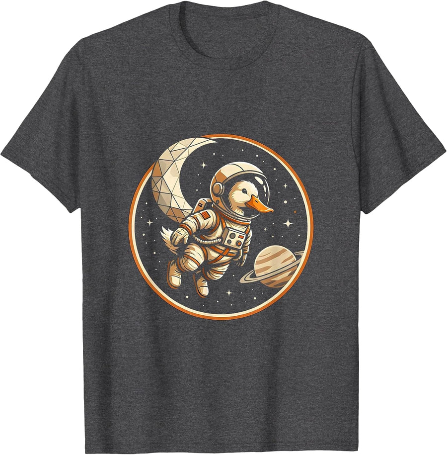 Men's Duck Astronaut Floating in Outer Space Illustration T-Shirt - Dark Heather Grey