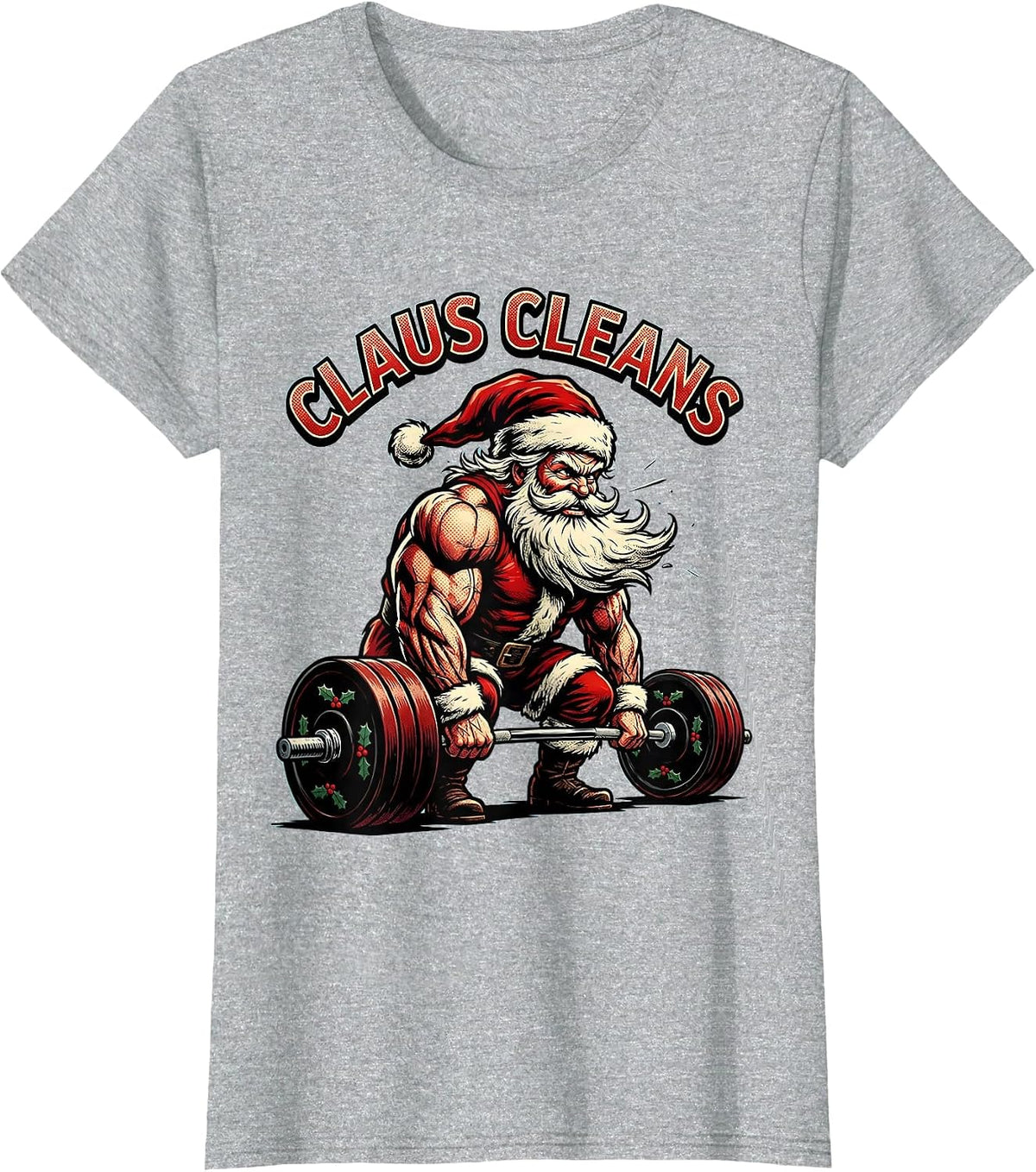 Women's Claus Cleans Pop Art Funny Santa Bodybuilder Gym Workout T-Shirt - Heather Grey