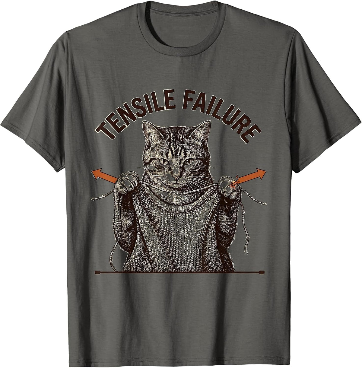Tensile Failure Funny Cat Physics Humor Cat Lover Gift T-Shirt - Asphalt Grey