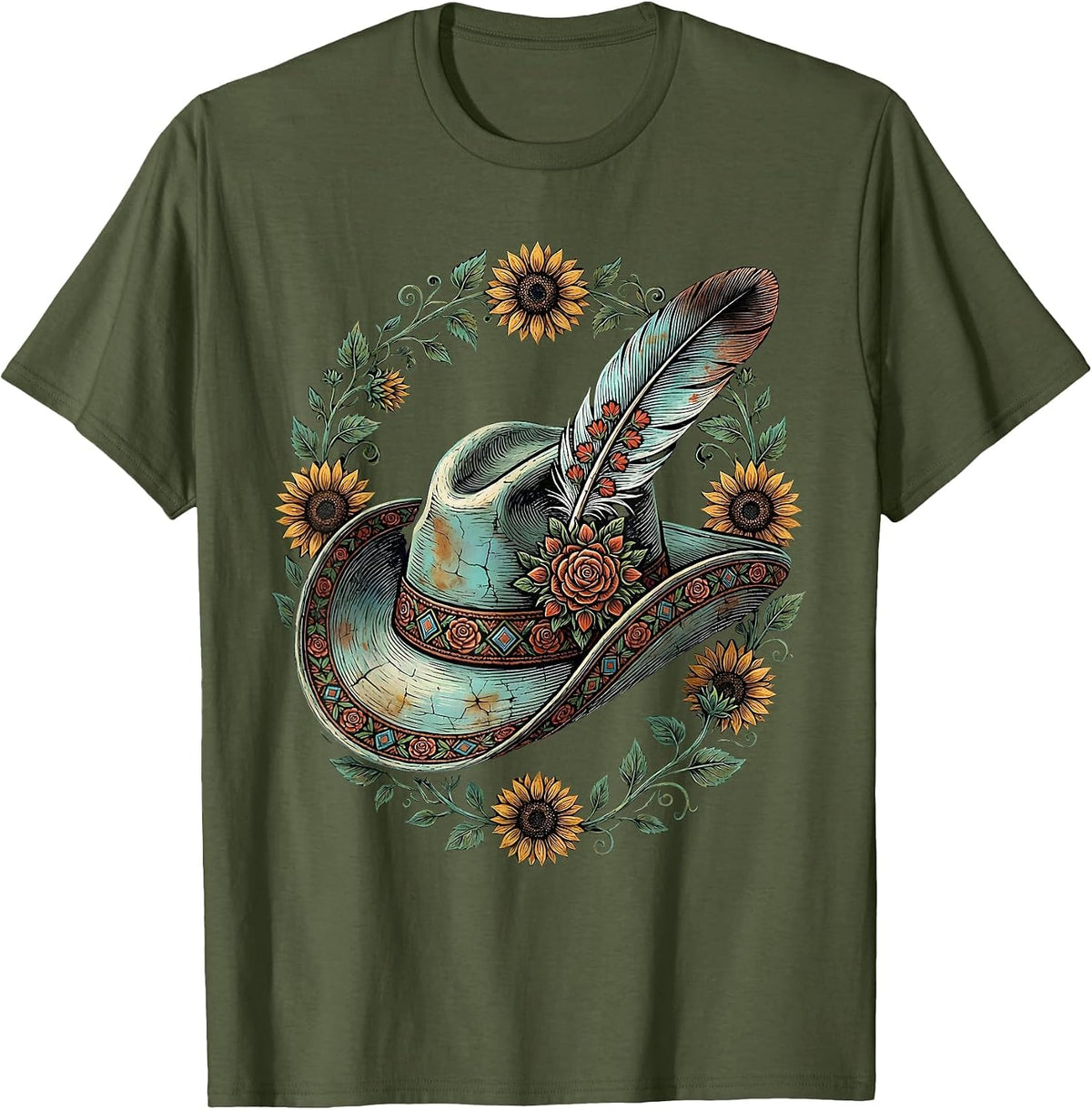 Cowgirl Hat Feather Turquoise Western Boho Design T-Shirt - Olive Green