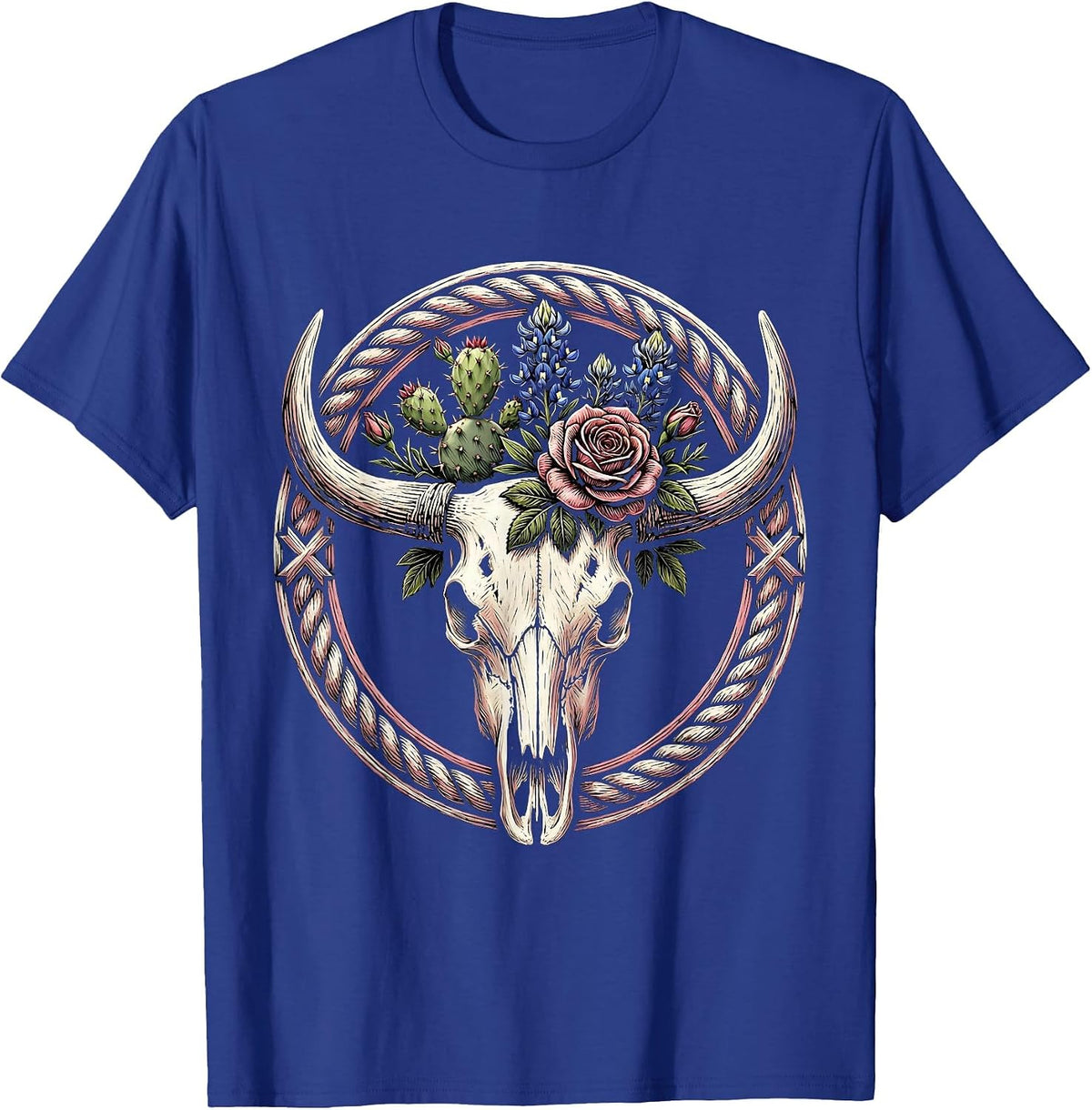 Pink Western Longhorn Skull Wildflower Design T-Shirt - Royal Blue