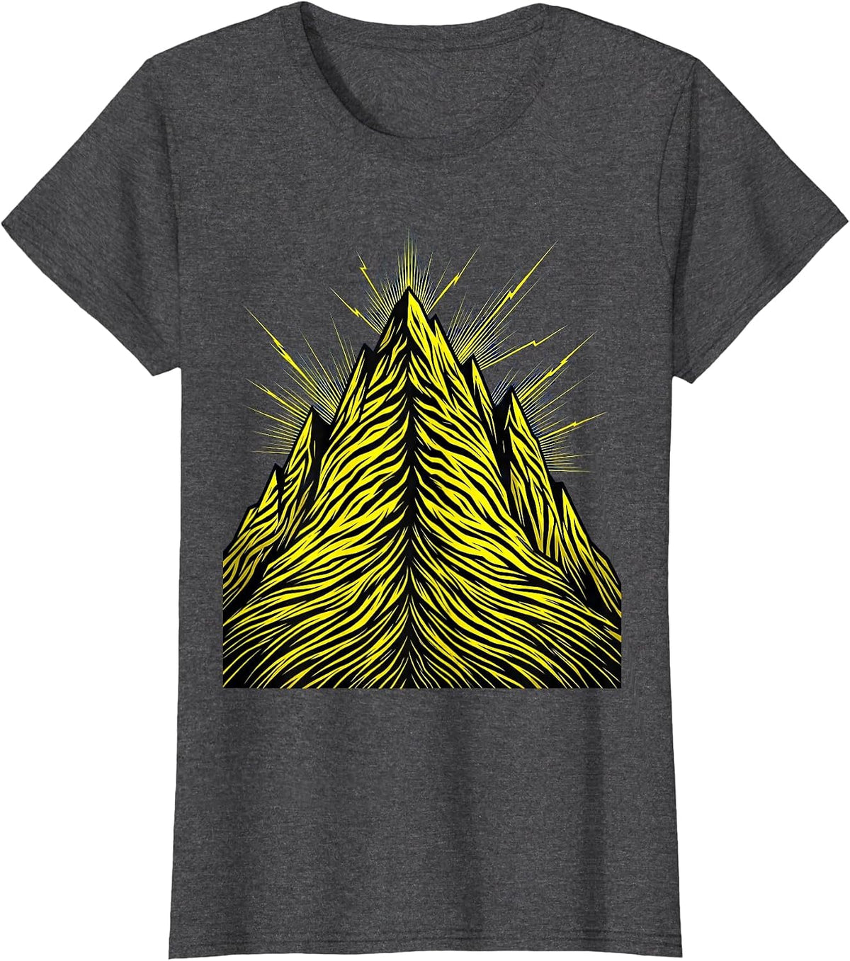 Women's Black and Yellow Lightning Storm Mountain Graphic T-Shirt - Dark Heather Grey