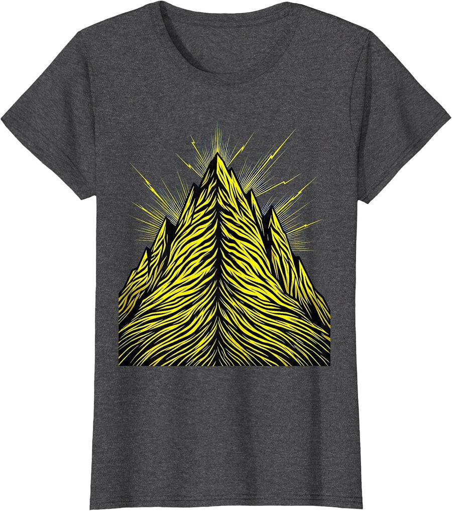 Women's Black and Yellow Lightning Storm Mountain Graphic T-Shirt - Dark Heather Grey