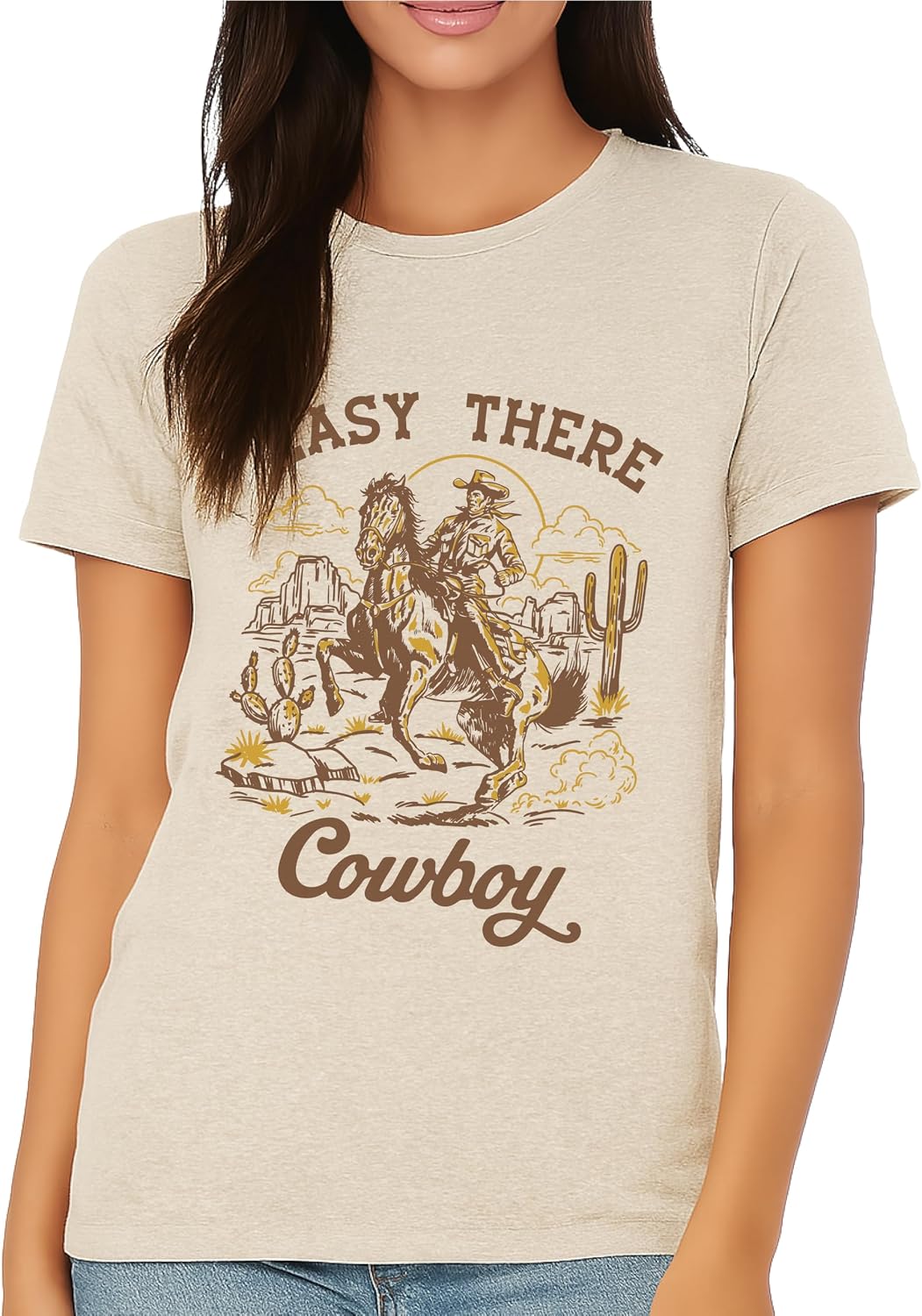 SOFO Women's Graphic Tee -Easy There Cowboy- Relaxed Fit Weekend Western Humor T-Shirt Natural - Natural Heather