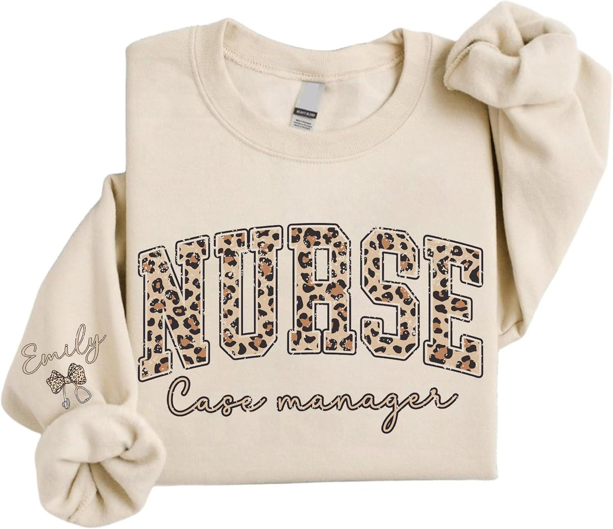 Personalized Nurse Sweatshirt, Custom Leopard Print Comfort Colors Crewneck, Retro Varsity Medical Staff Top - Nurse Case