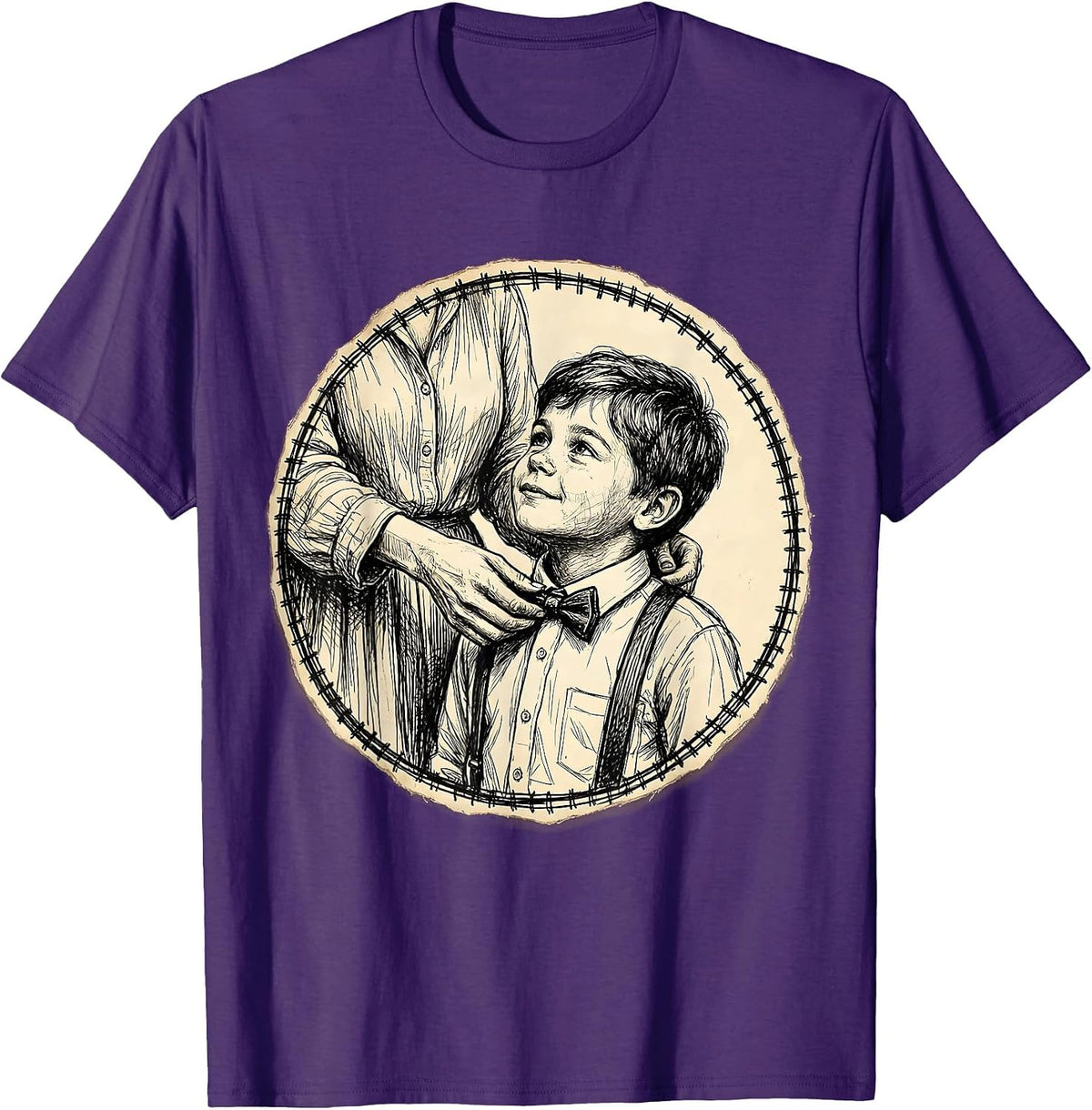 Men's Auntie Fixing Nephew's Bow Tie Illustration T-Shirt - Purple