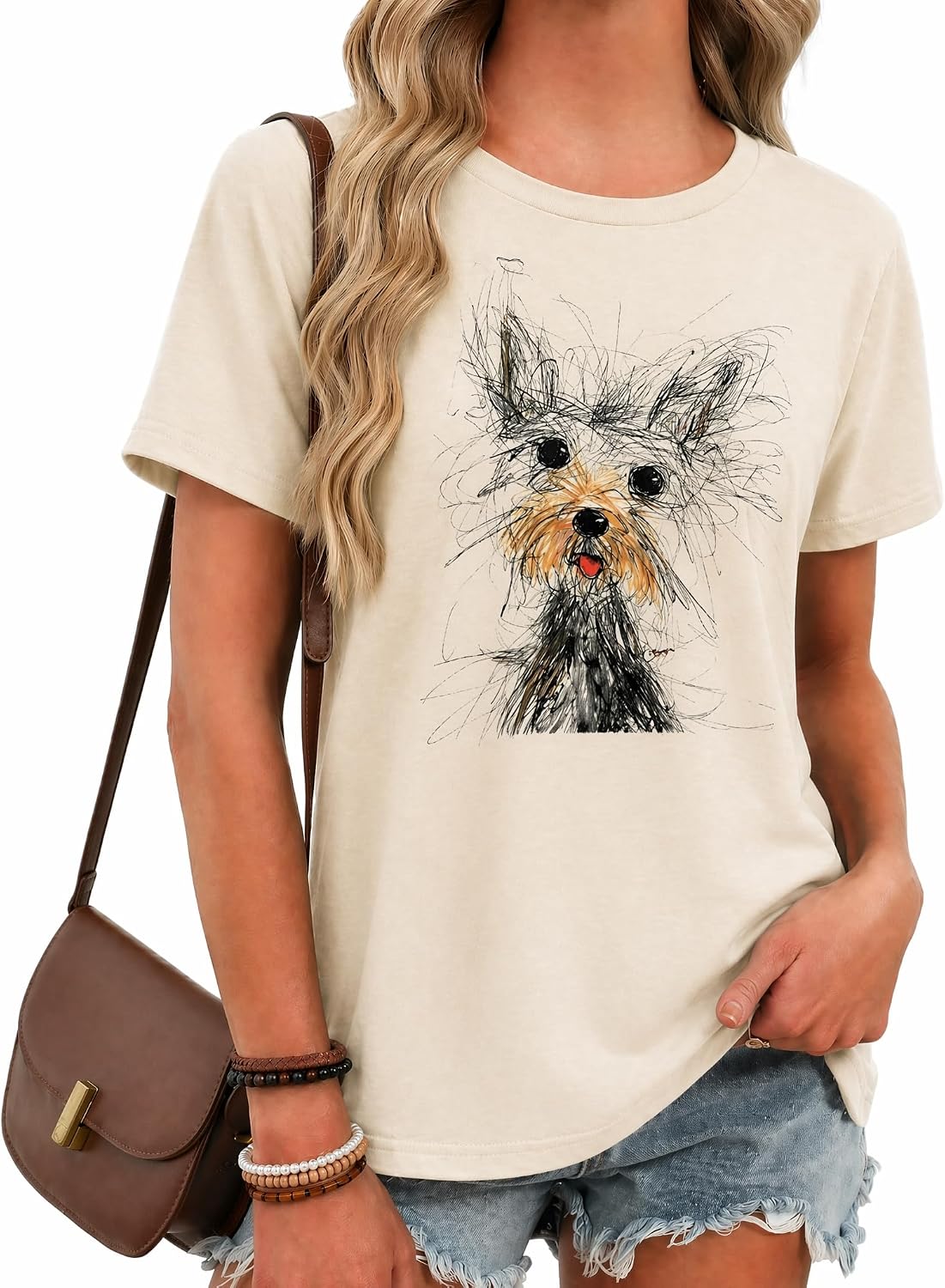Women's Animal Graphic Tee: Funny Vintage Print T-Shirt, Summer Cotton Casual Top - Dog-beige