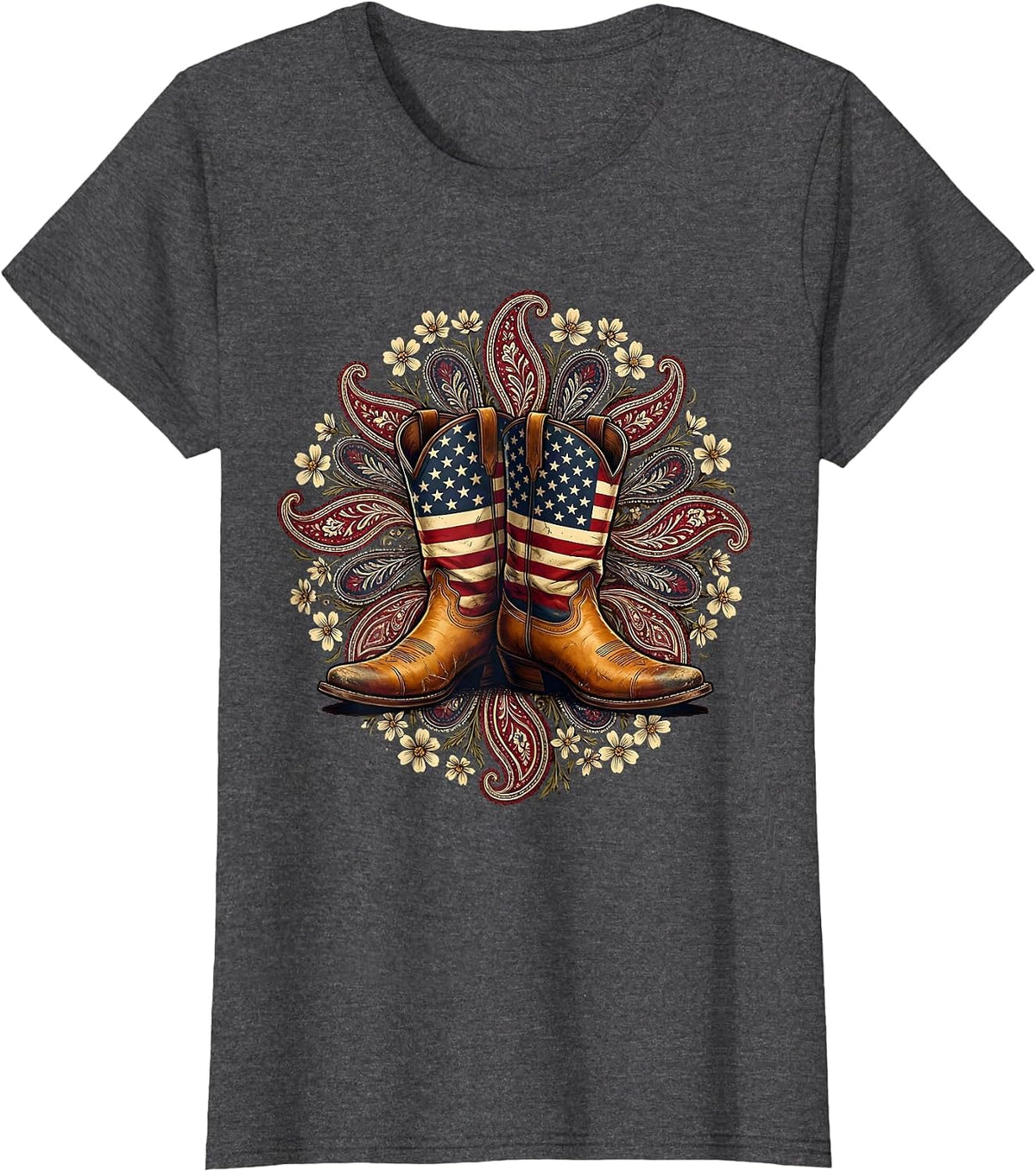 Women's Cowgirl Boots Floral Paisley Western Design T-Shirt - Dark Heather Grey