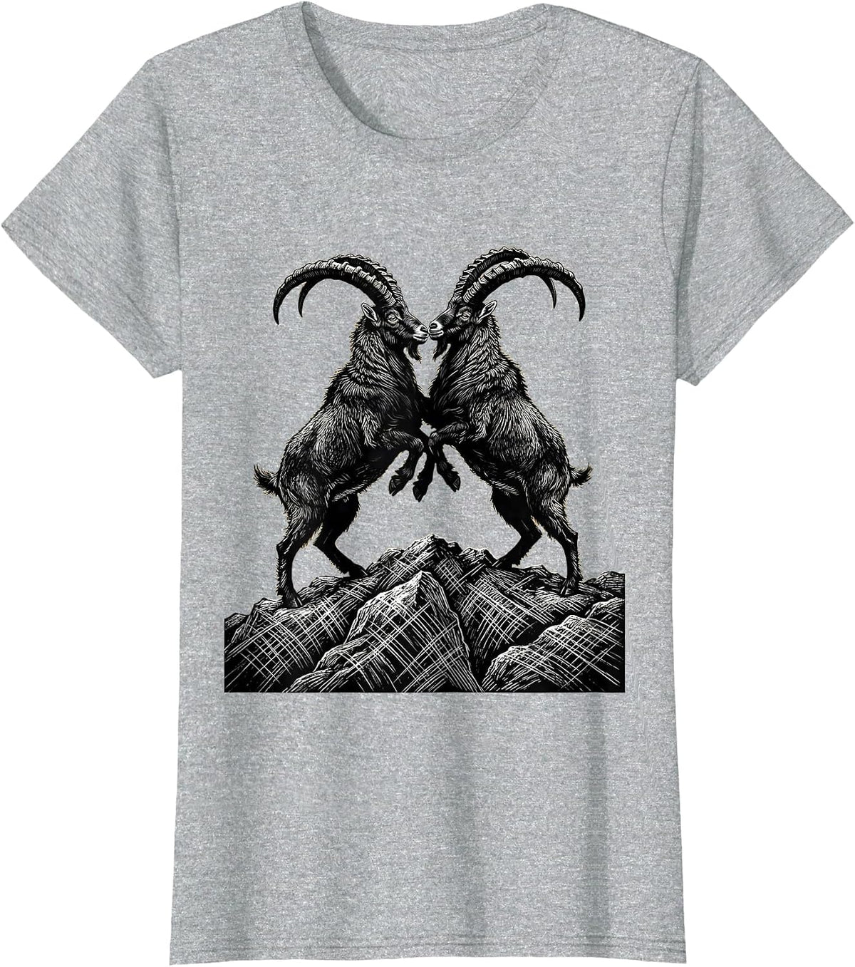 Women's Two Goats Locking Horns on a Hilltop Graphic T-Shirt - Heather Grey