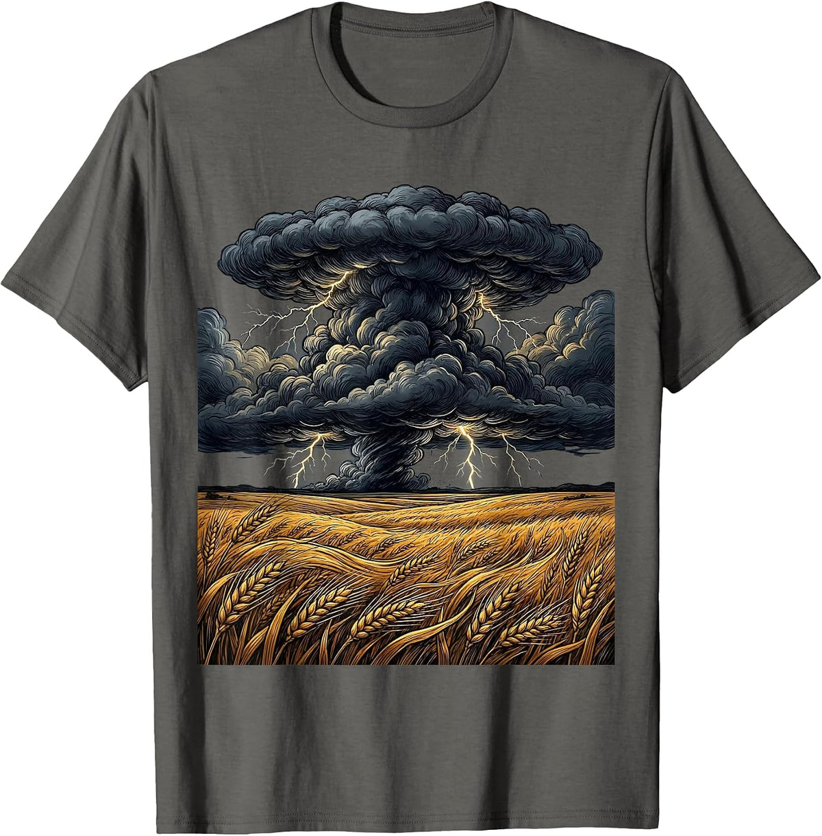 Nebraska Thunderstorm Over Wheat Fields Illustration T-Shirt - Asphalt Grey