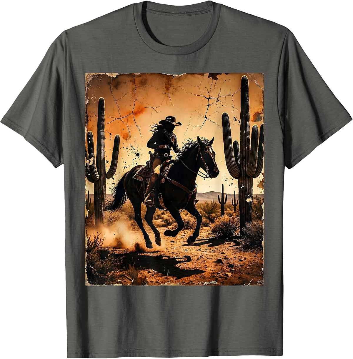 Cowgirl Riding Horse Desert Cactus Rodeo T-Shirt - Asphalt Grey