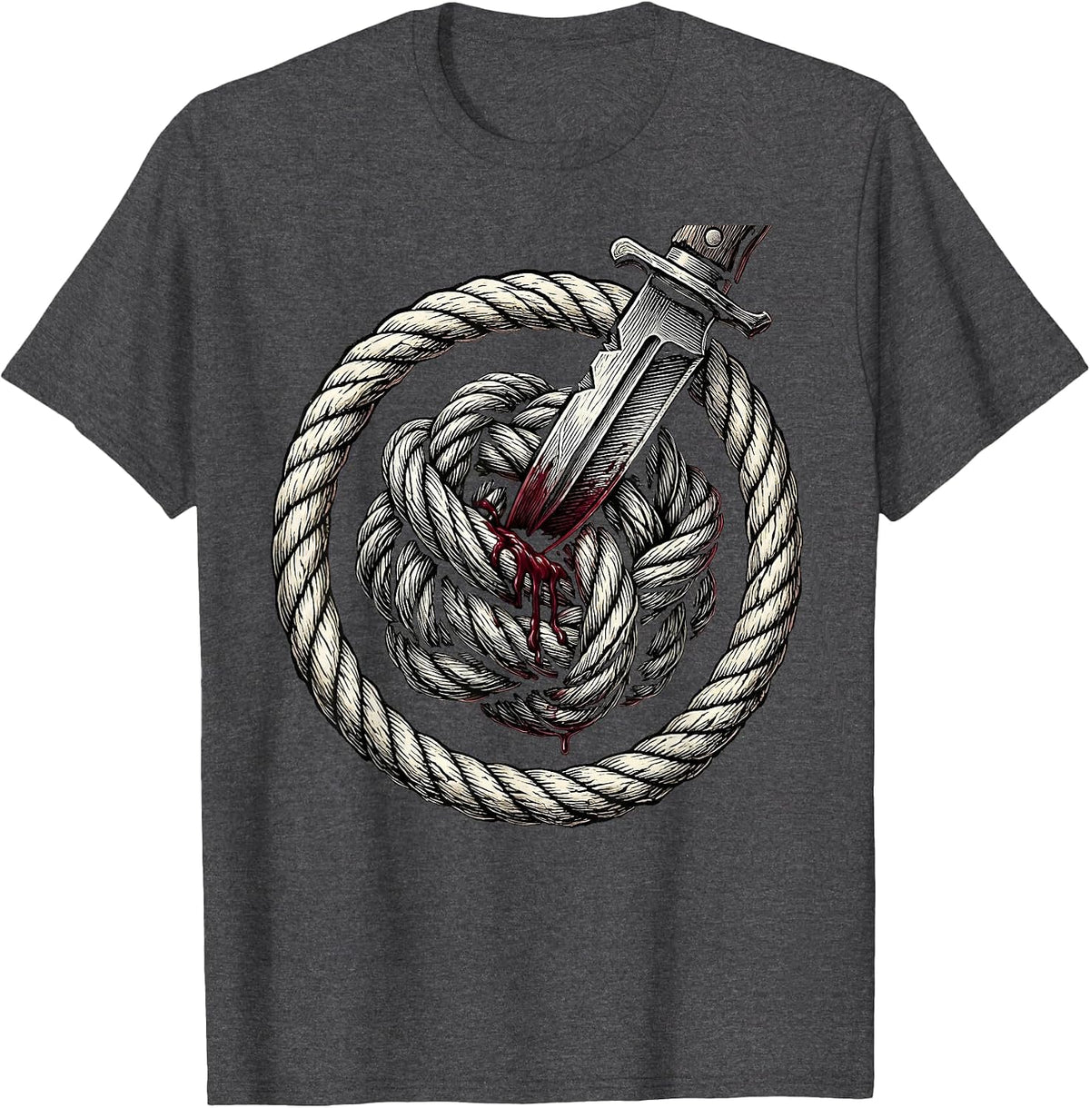 Knife Through Tangled Wire Knot Graphic T-Shirt - Dark Heather Grey