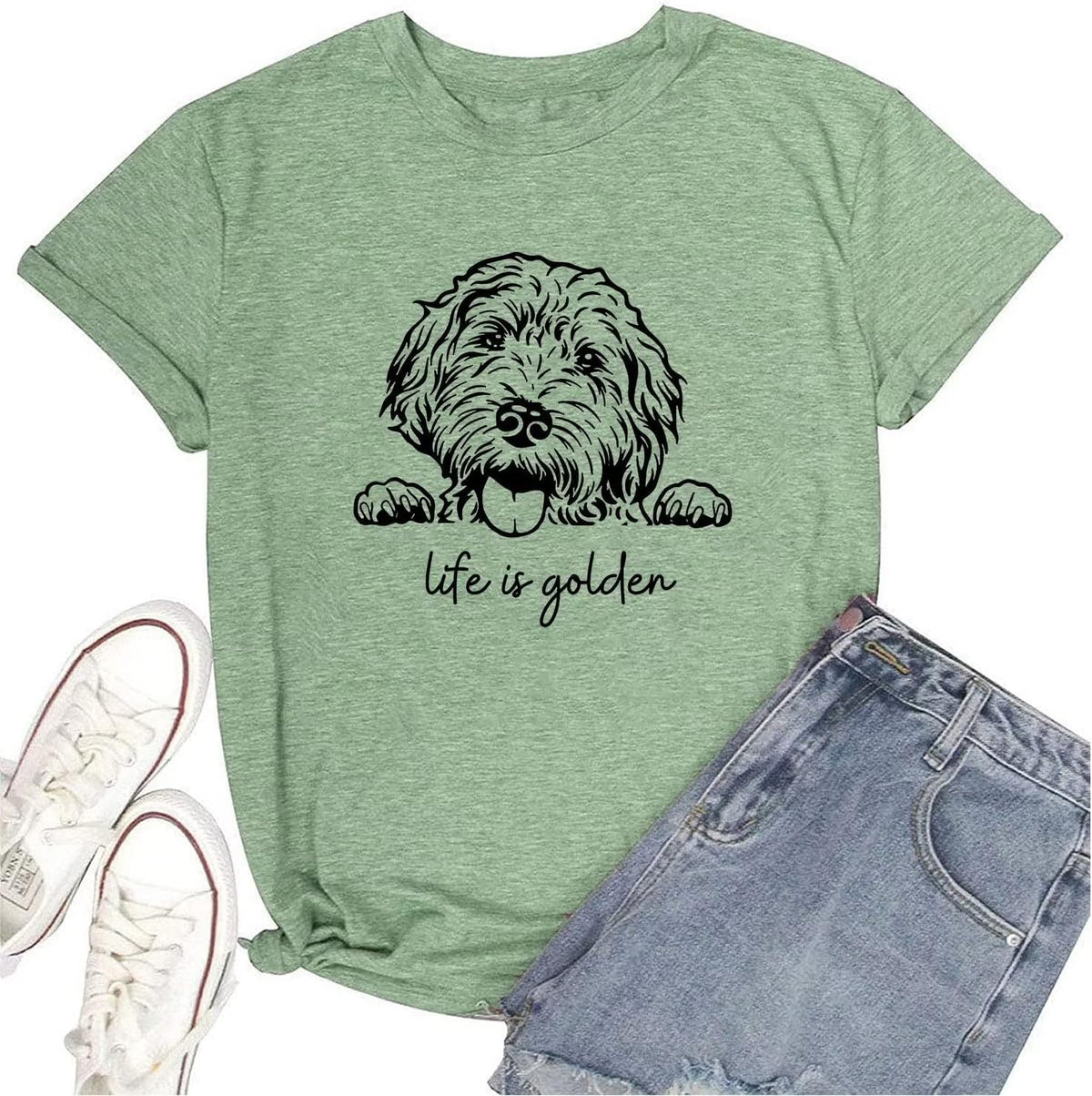 HONTOUTE Women's Life is Golden T-Shirt Goldendoodle Doodle Retriever Puppy Dog Pets Owners Graphic Tee Tops Blouse - Green