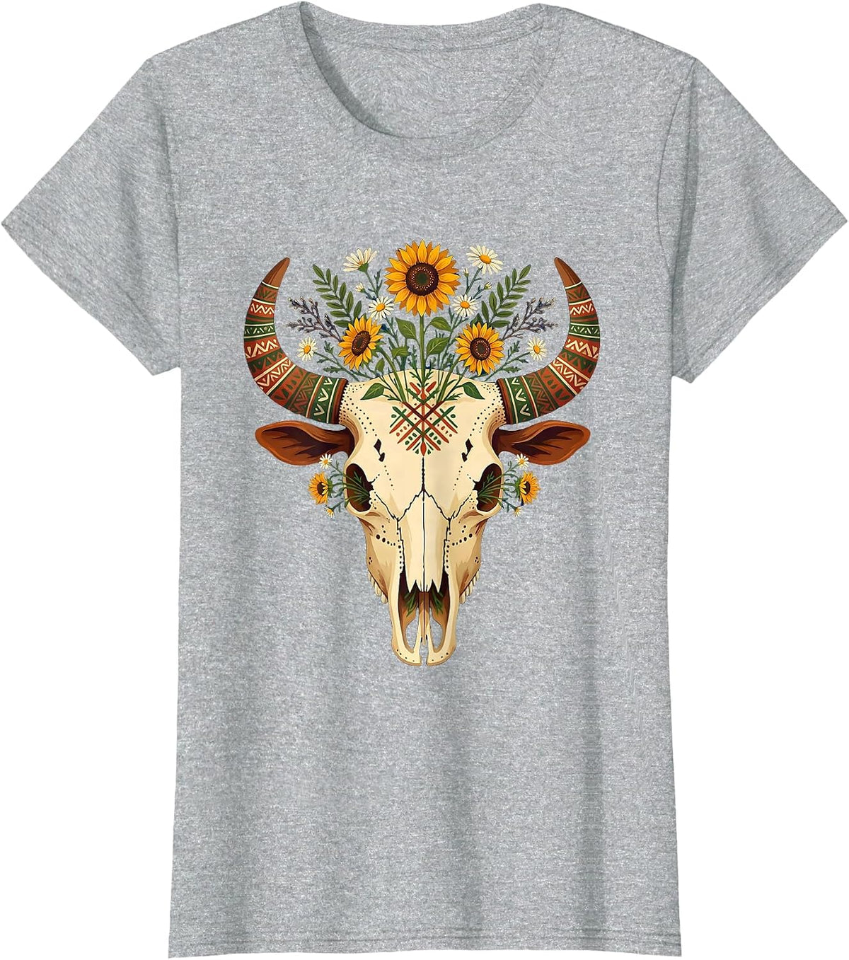 Cow Skull Wildflowers Western Floral Nature Art T-Shirt - Heather Grey