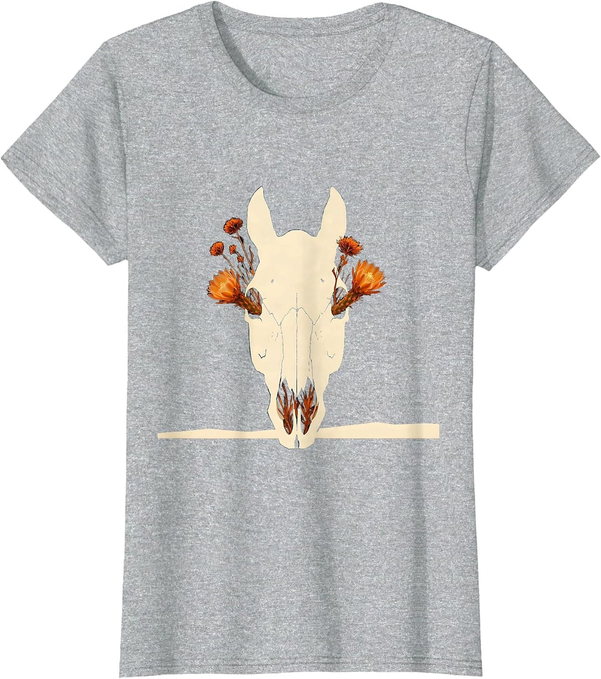 Horse Skull Desert Flowers Boho Western Graphic T-Shirt - Heather Grey