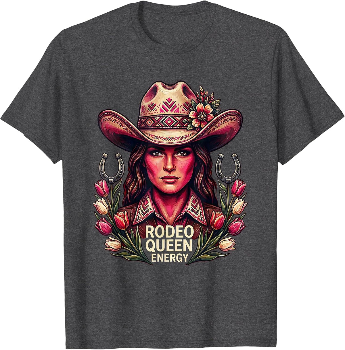 Rodeo Queen Energy Pink Cowgirl Design T-Shirt - Dark Heather Grey