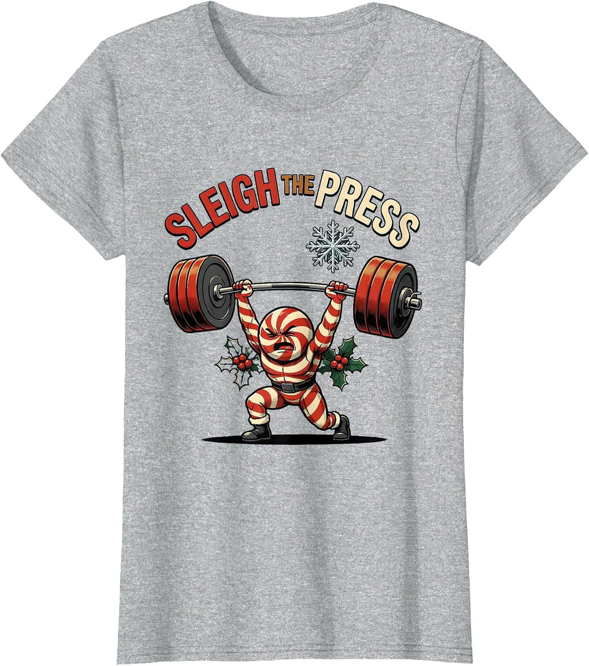 Women's Sleigh The Press Funny Christmas Gym Workout Weightlifting T-Shirt - Heather Grey