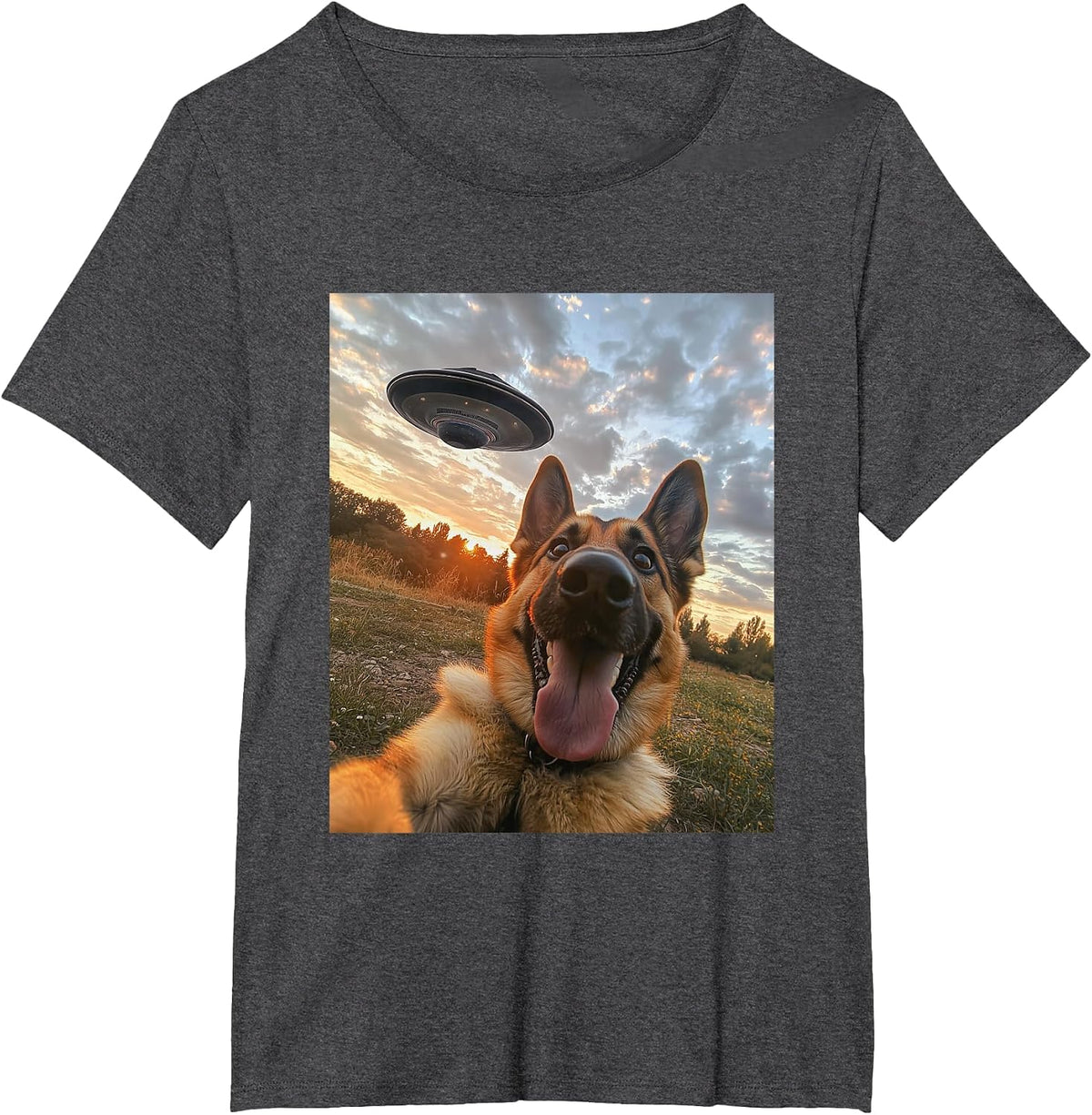 German Shepherd Dog Selfie with UFOs Funny Graphic T-Shirt - Dark Heather Grey
