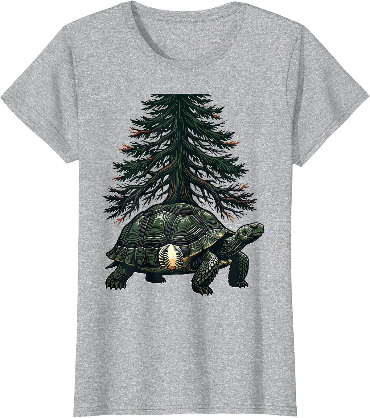 Woodland Turtle Linocut Nature Lover Forest Wildlife T-Shirt - Heather Grey