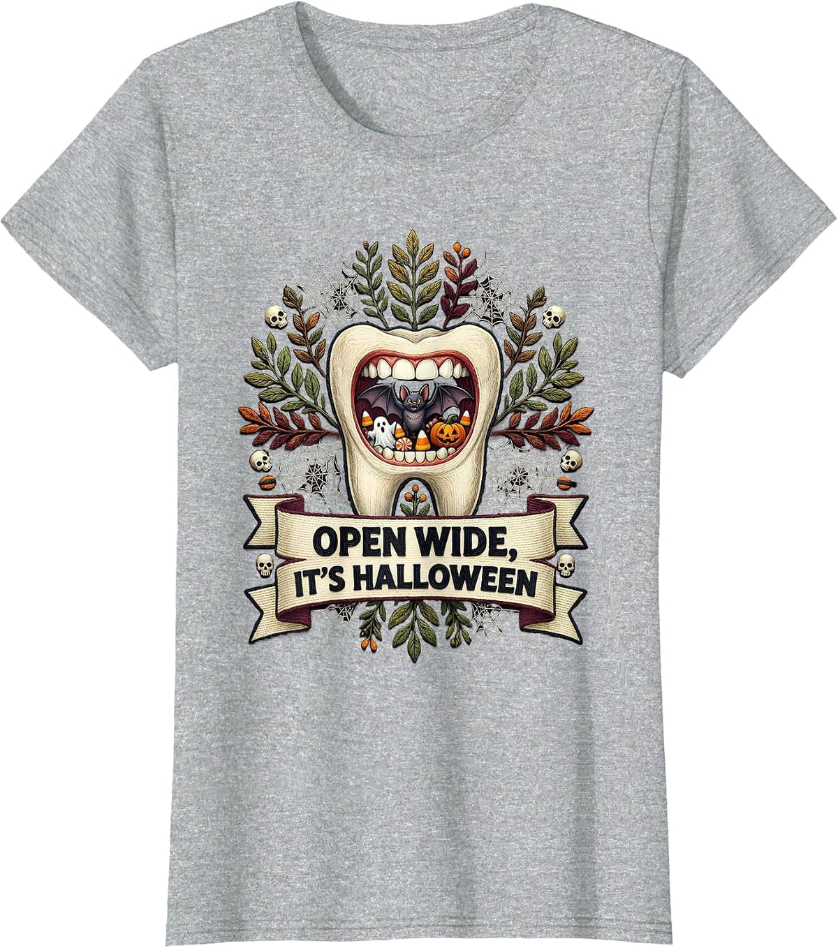 Women's Open Wide It's Halloween Dental Spooky Design T-Shirt - Heather Grey
