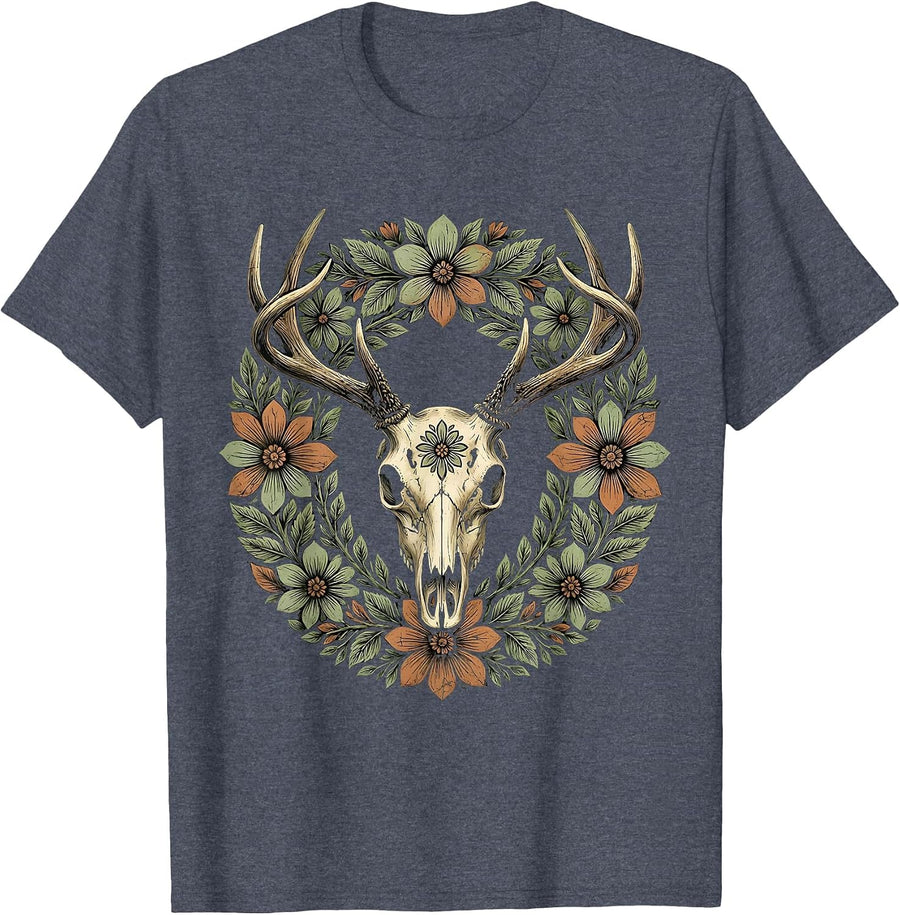Deer Skull Camo Floral Wreath Hunting Design T-Shirt - Heather Blue