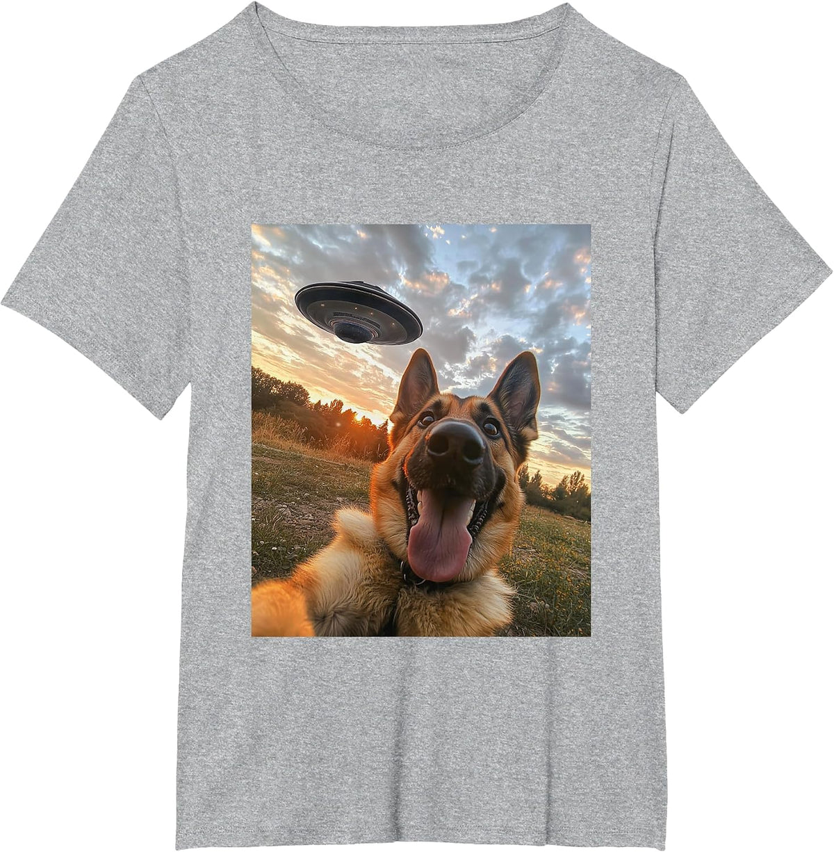 German Shepherd Dog Selfie with UFOs Funny Graphic T-Shirt - Heather Grey