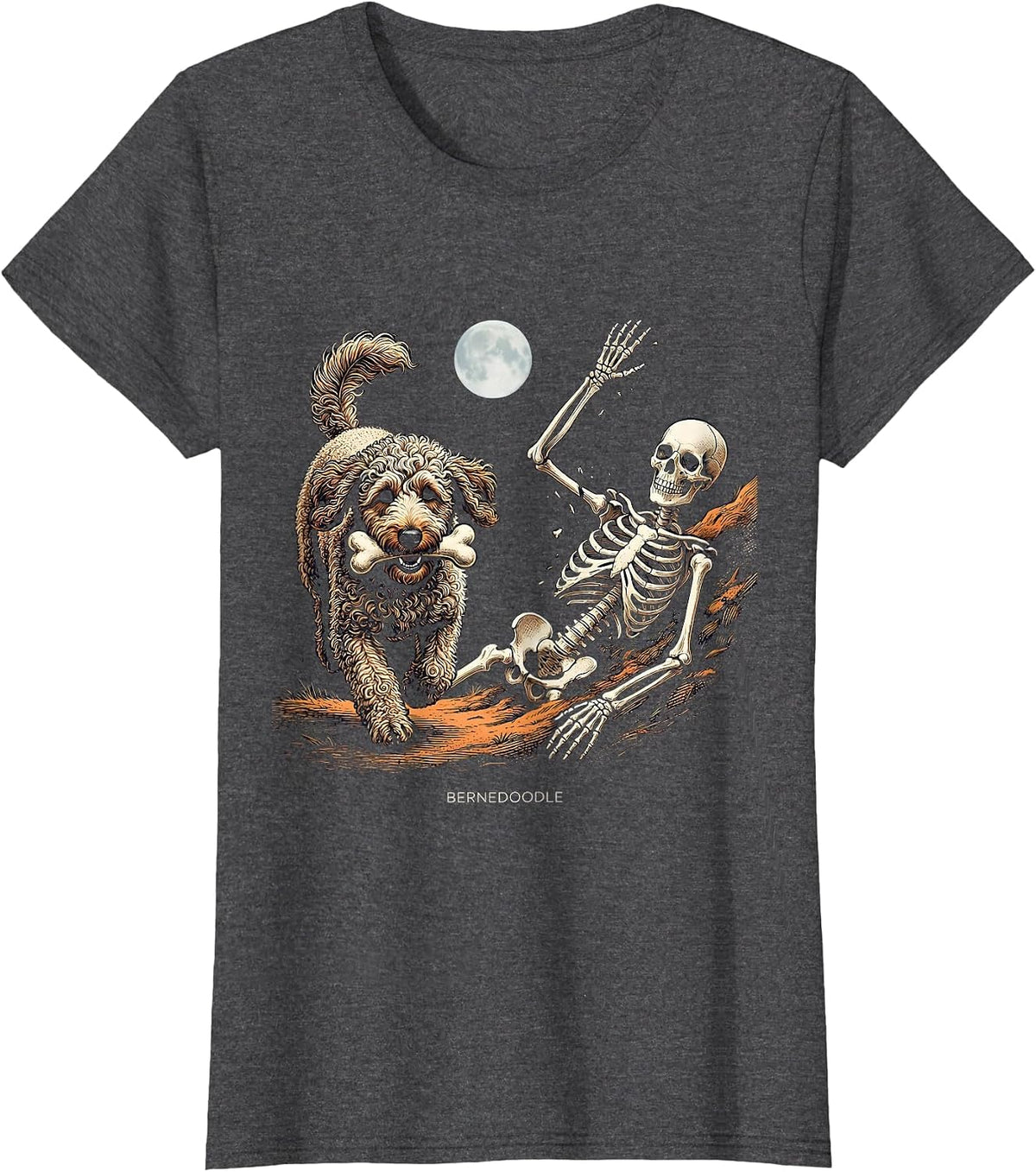 Women's Bernedoodle Funny Skeleton Chasing Halloween Dog Mom Pet T-Shirt - Dark Heather Grey