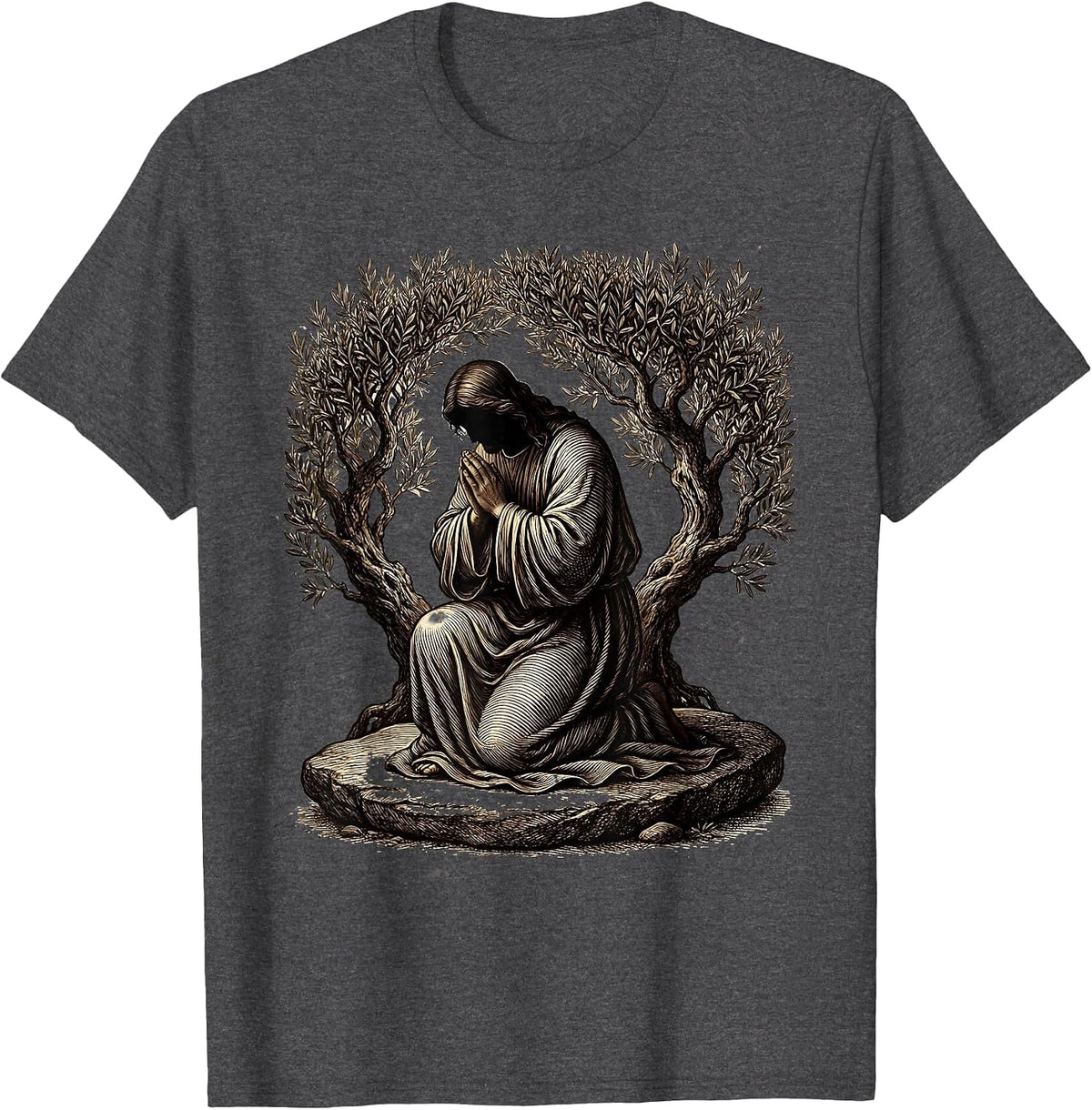 Jesus Kneeling in Prayer at Gethsemane Graphic T-Shirt - Dark Heather Grey