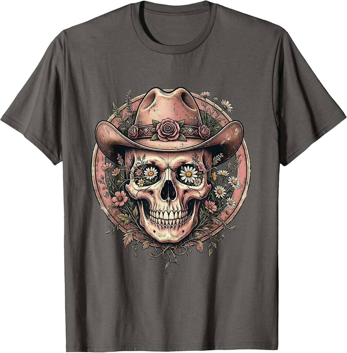 Men's Floral Skull Cowgirl Hat Western Graphic Design T-Shirt - Asphalt Grey