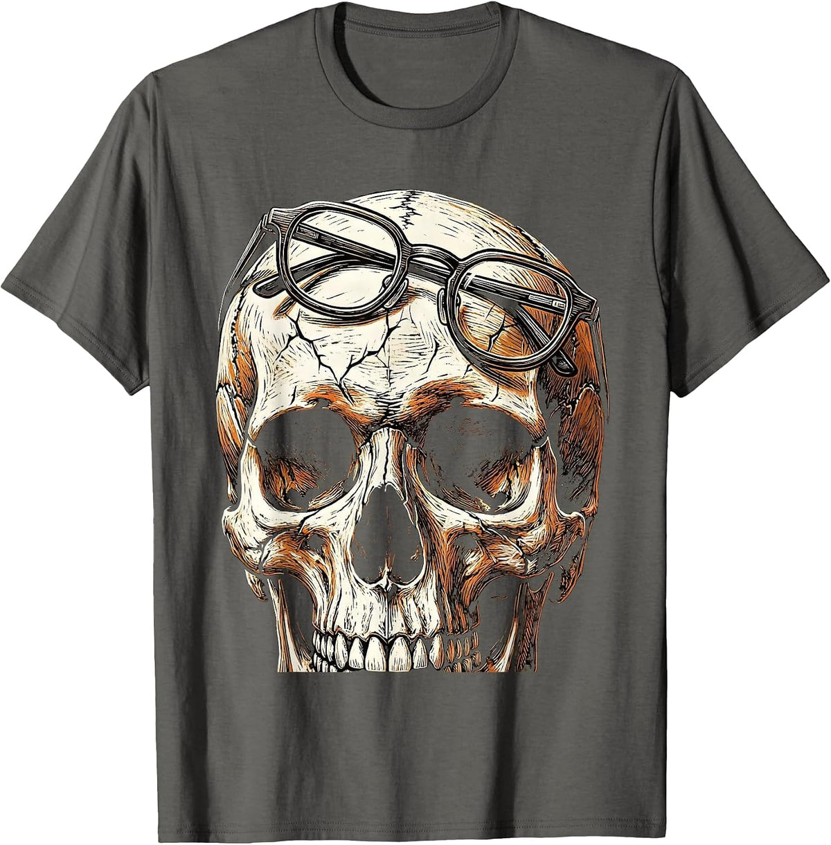 Elder Emo Skull With Reading Glasses Design T-Shirt - Asphalt Grey