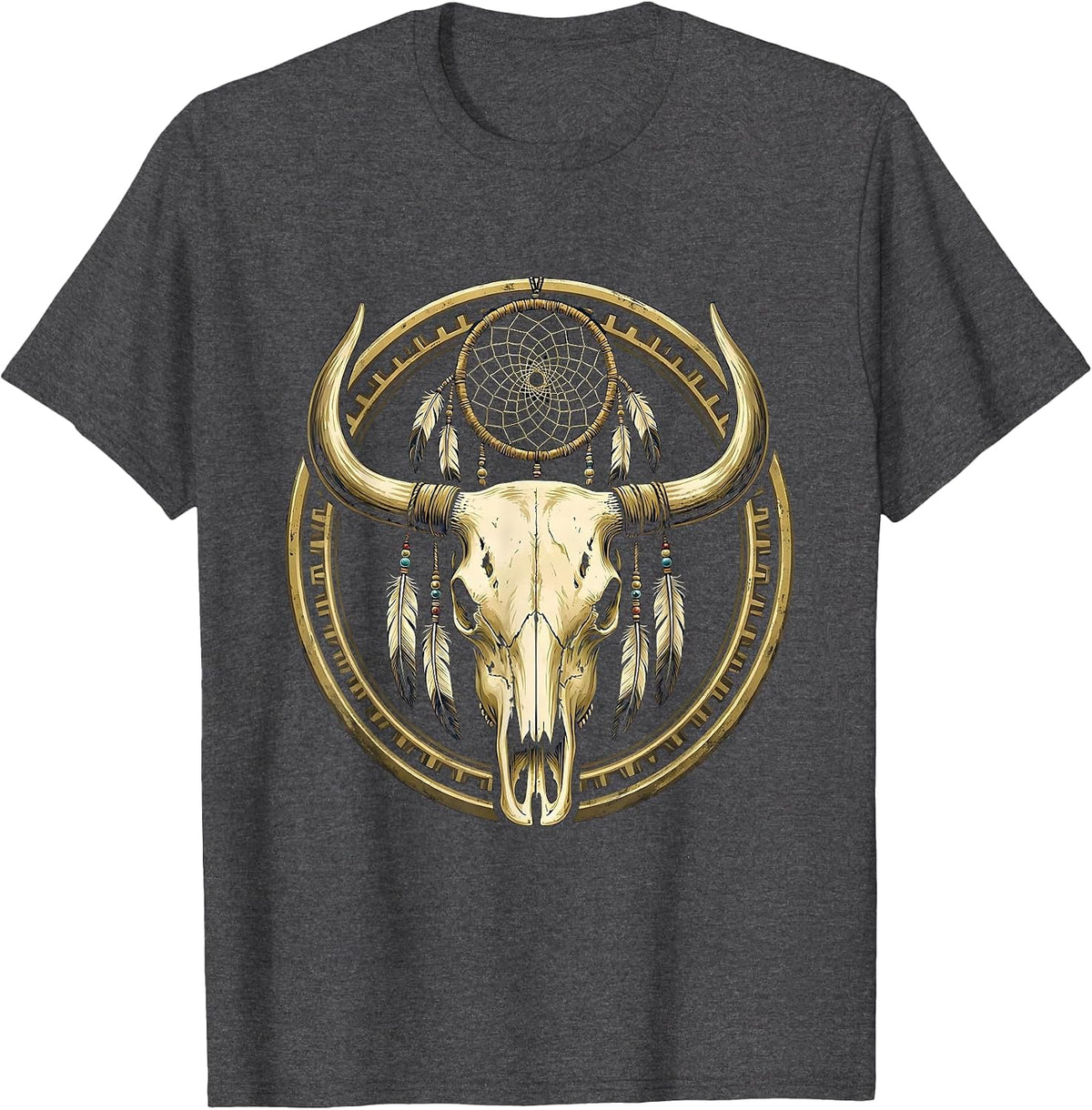 Men's Cow Skull Dreamcatcher Boho Western Graphic T-Shirt - Dark Heather Grey