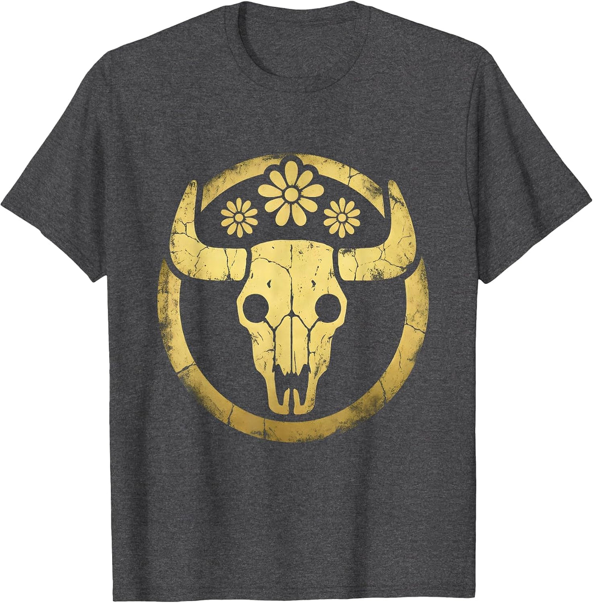 Cow Skull Floral Crown Boho Western Illustration T-Shirt - Dark Heather Grey