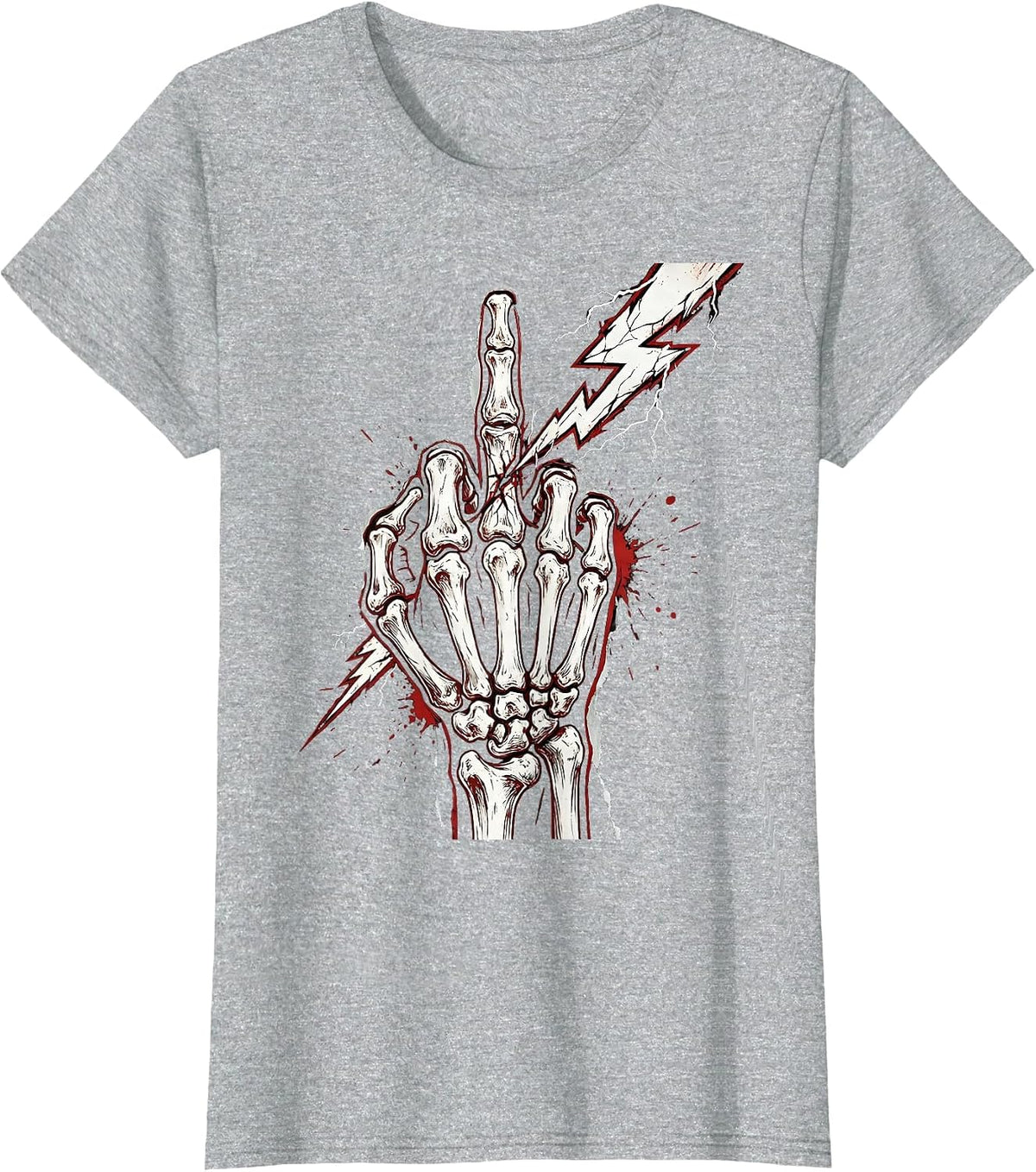 Skeleton Hand Middle Finger Lightning Bolt Graphic T-Shirt - Heather Grey